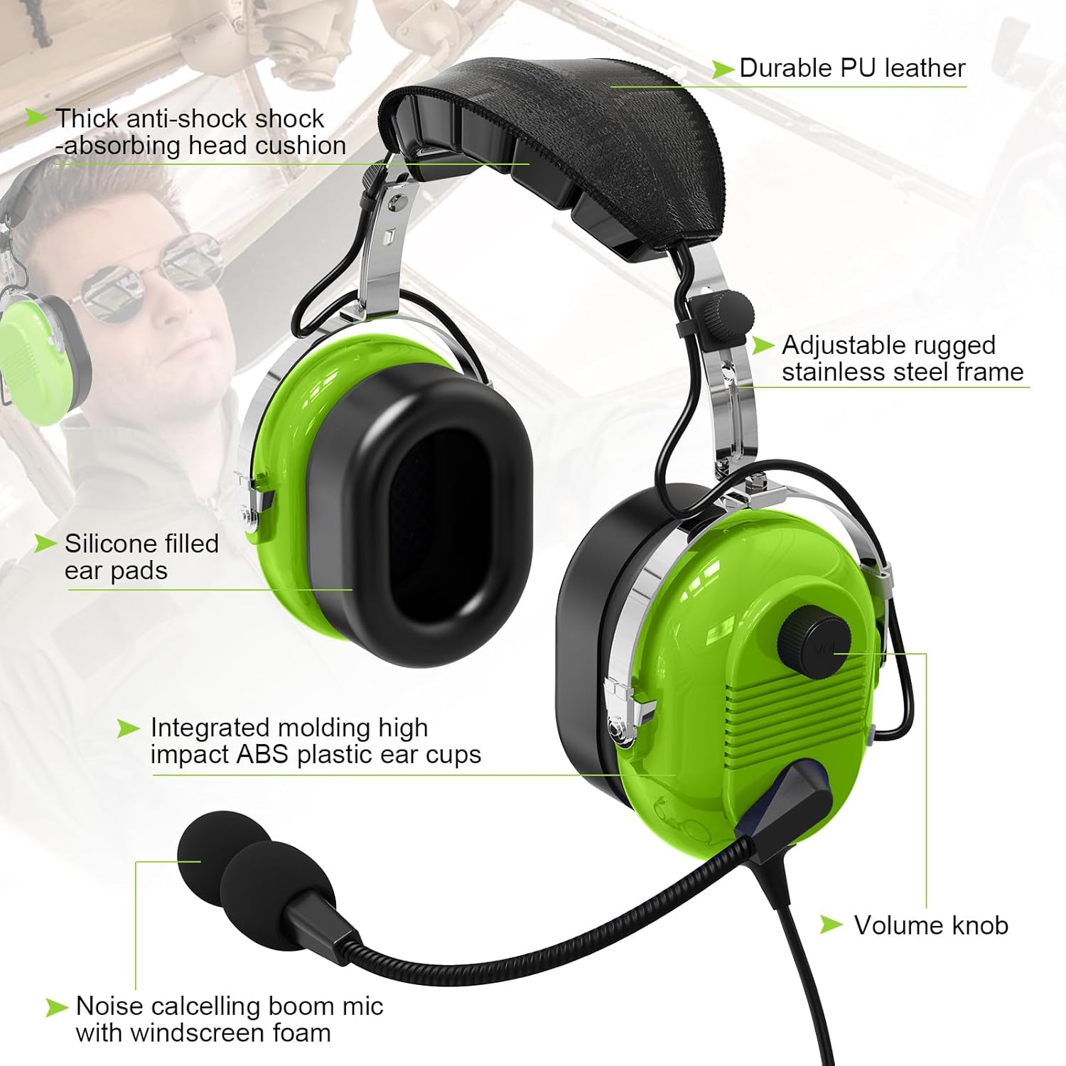 PNR General Aviation Headsets for Flight School Student, Dual GA Plug, Passive Noise Cancelling Aviation Headphones for Pilots, Mono and Stereo