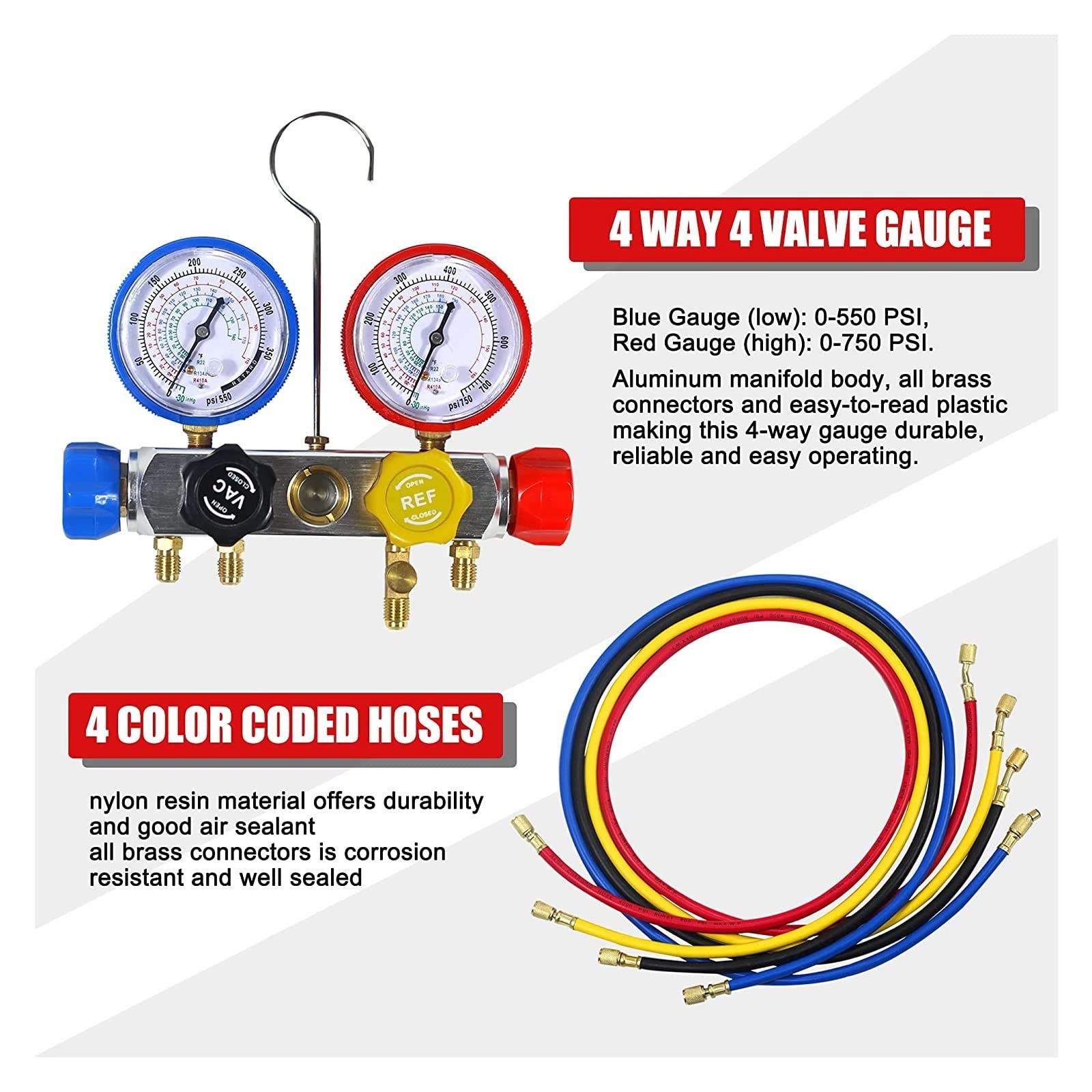 4-Wege-AC-Verteiler-Messgerät-Set HVAC-Diagnose-Freon-Ladewerkzeug for den Autohaushalt R134A R22 R410A 5FT-Schlauch-Schnellkupplung Für Heimwerker