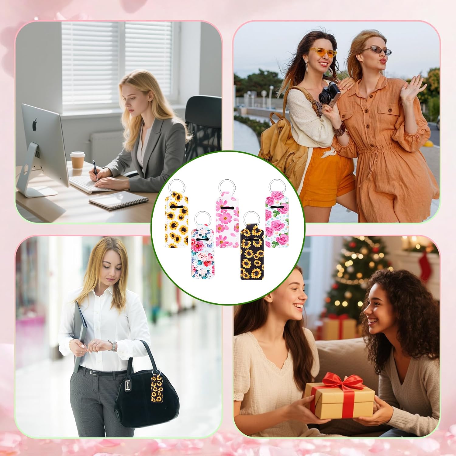 5Pcs Floral Lip Balm Holder Keychain, Cute Cottagecore Spring Fresh Lip Gloss Sleeve Pouch for Women, Bulk Assorted Lipstick Holder Keychain Backpack Purse Accessories (5 Floral Designs) - Image 6