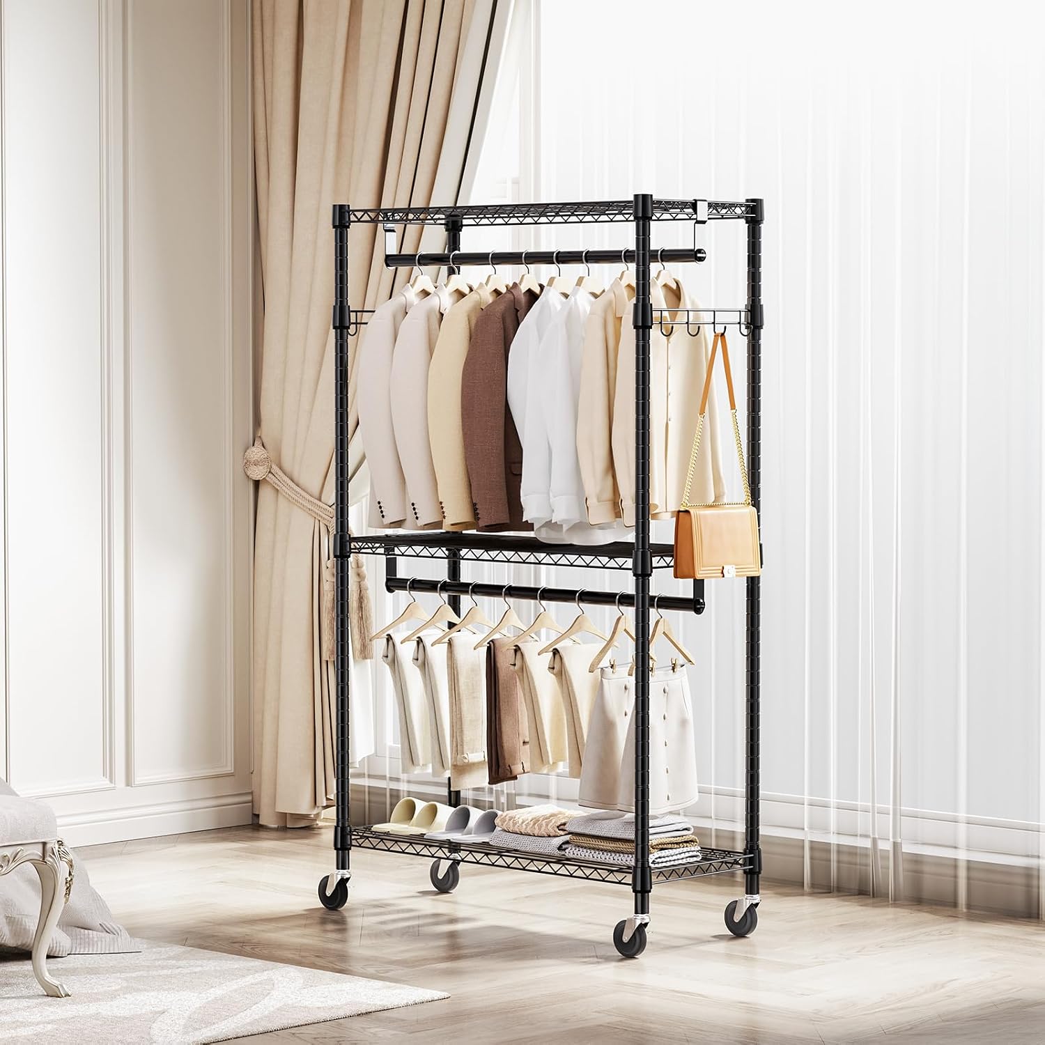M MZG Heavy Duty Rolling Garment Rack 3 Tiers Adjustable Wire Shelving Clothes Rack with 2 Rods and Side Hooks,Storage Closet Clothing Rack with Wheels Black 15.7" D x 29.5" W x 74.5" H image 2