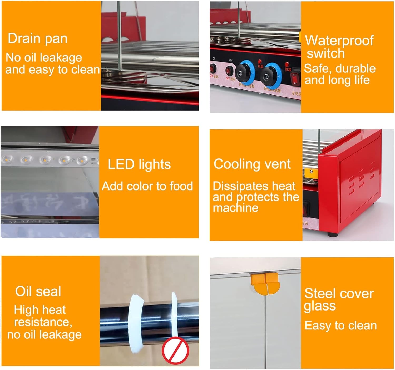 Hot Dog Roller Machine, Sausage Grill Cooker Machine 24 Hot Dog 7 Roller Grill Cooker Machine with Removable Stainless Steel Drip Tray and Glass Hood Cover, LED Lights, 1080W (Size : Without Door)