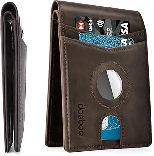 Airtag Wallet Men, Wallet for Men with Airtag Holder, Genuine Leather Credit Card Wallet, Bifold Slim Wallet for Air Tag GPS Tracker, RFID Minimalist Front Pocket Wallet, Airtags Accessories, Dark Brown-Crazy Horse Leather, Minimalist