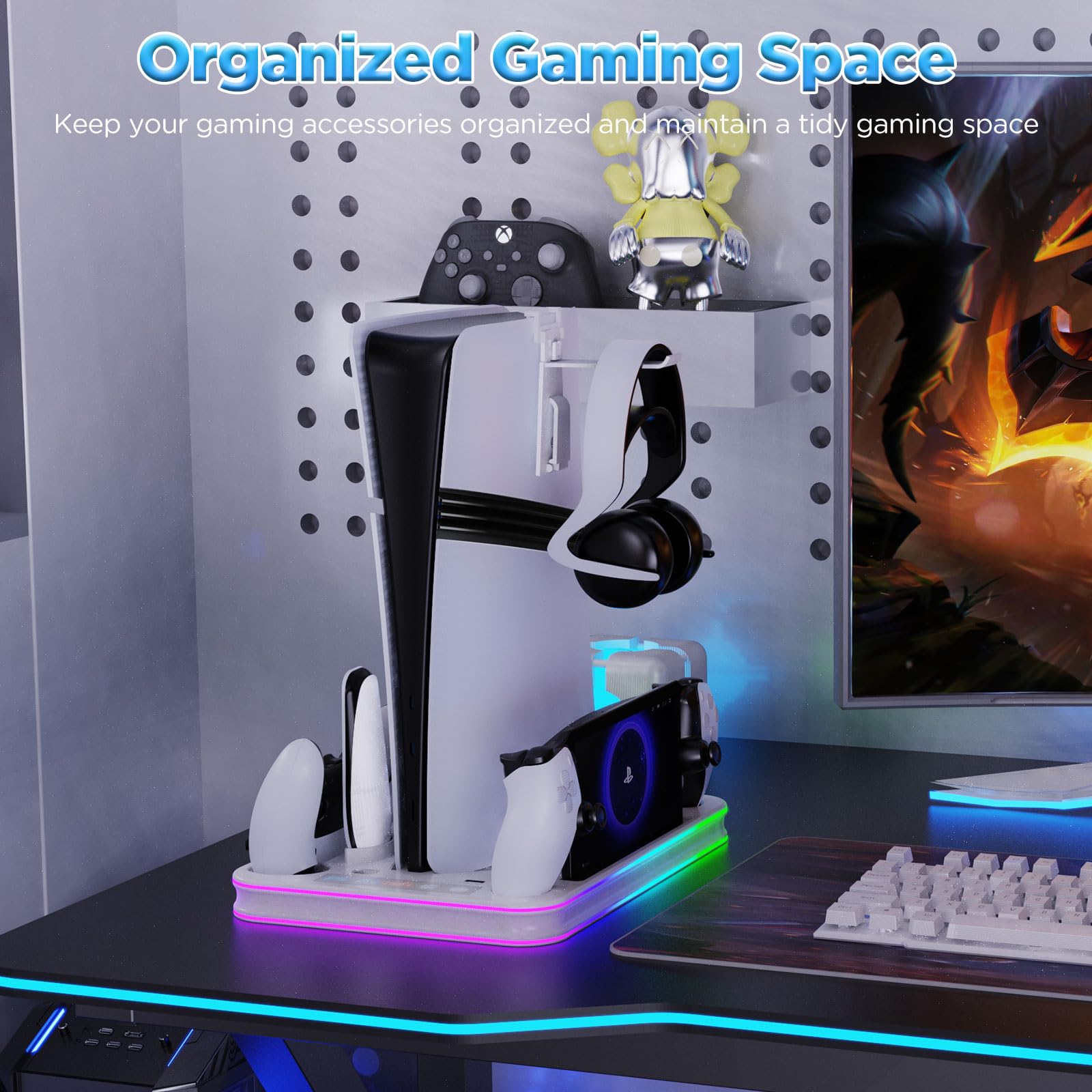 Supporto PS5 con Ventola di Raffreddamento, Stazione Ricarica Verticale per Console Slim/Pro con Luci RGB