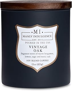 Manly Indulgence Vintage Oak Scented Jar Candle for Men, Wood Wicked Candle, 15 oz - Bergamot, Lemon, Sage & Rustic Oak - Up to 60 Hours Burn, Soy Blend Wax, USA Poured