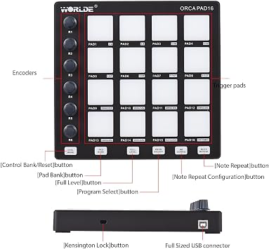MIDI Controller Beat Maker Machine 6 Assignable Knobs Note Repeat Full Level Buttons and Production Software Portable Mini MIDI Controller Pad USB for Beginner Music Production