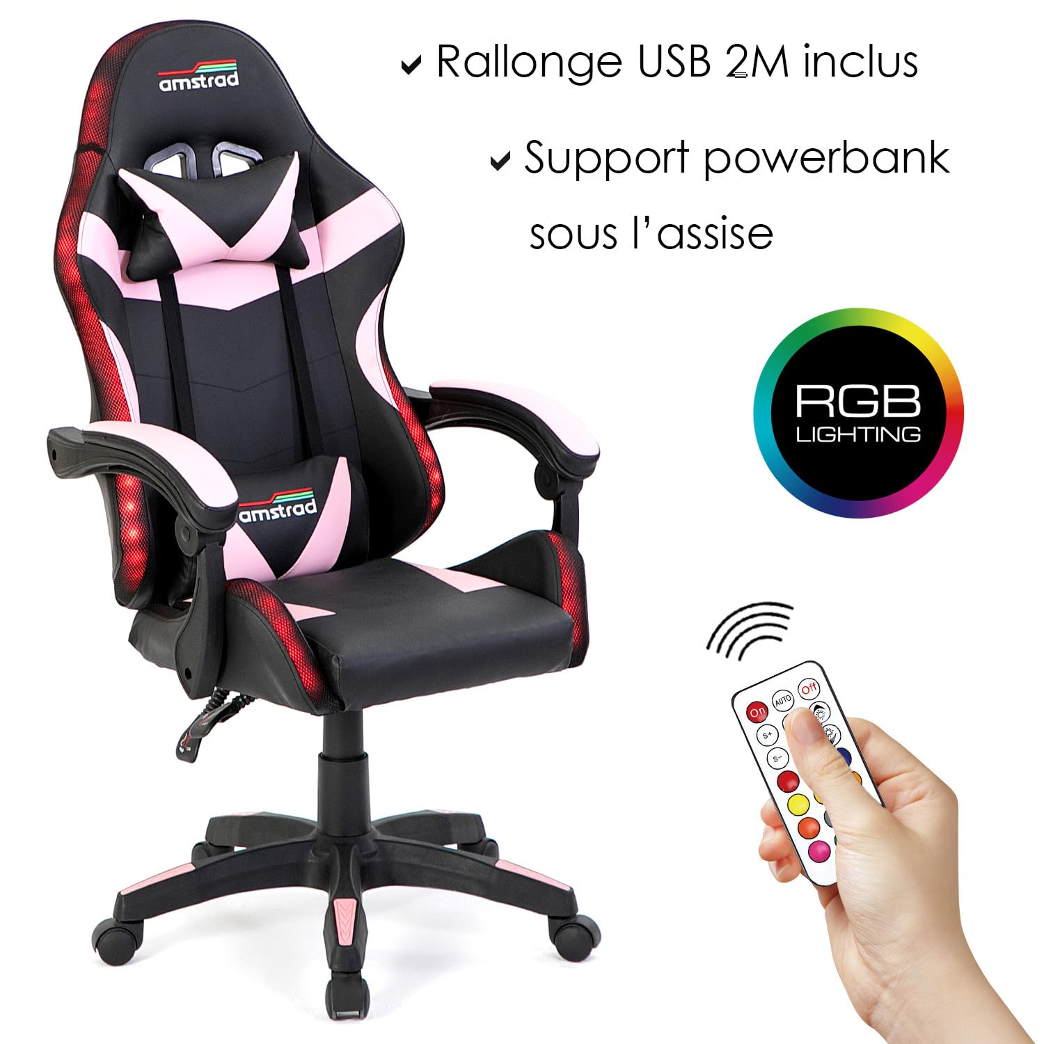 Amstrad AMS-900-LED-PINK Fauteuil/Chaise de Bureau Gamer Noir Rose - Eclairage LED 366 Effets - Télécommande