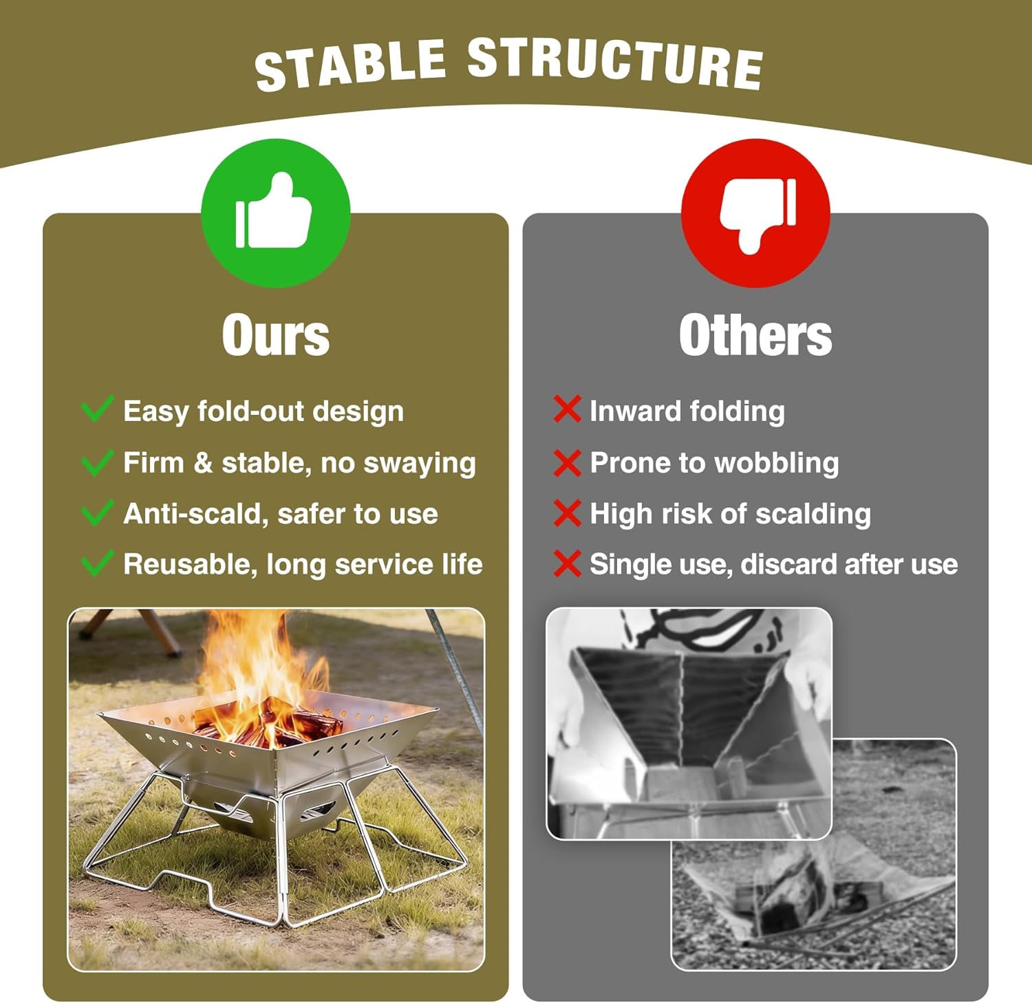 Lineslife Foldable Fire Pit with Grill for Camping Collapsible Portable Fire Pit with Campfire Grill & Tote Bag for Backyard, Patio, Picnic, BBQ