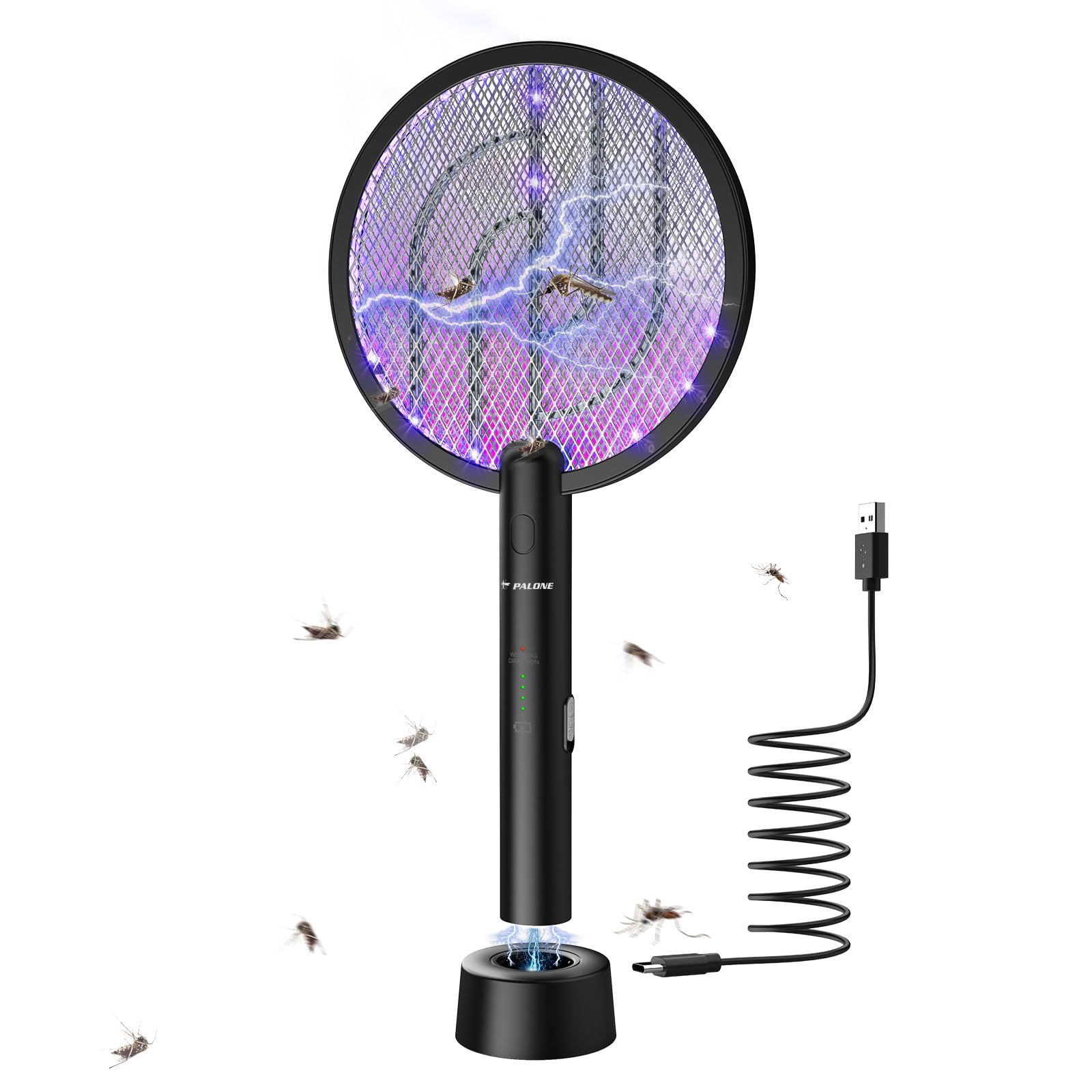 PALONE Elektrische Fliegenklatsche, 4000V Wiederaufladbar Insektenvernichter UV Elektrischer Mückenklatsche USB Fliegenfänger Insektenfalle mit Basis - Schwarz