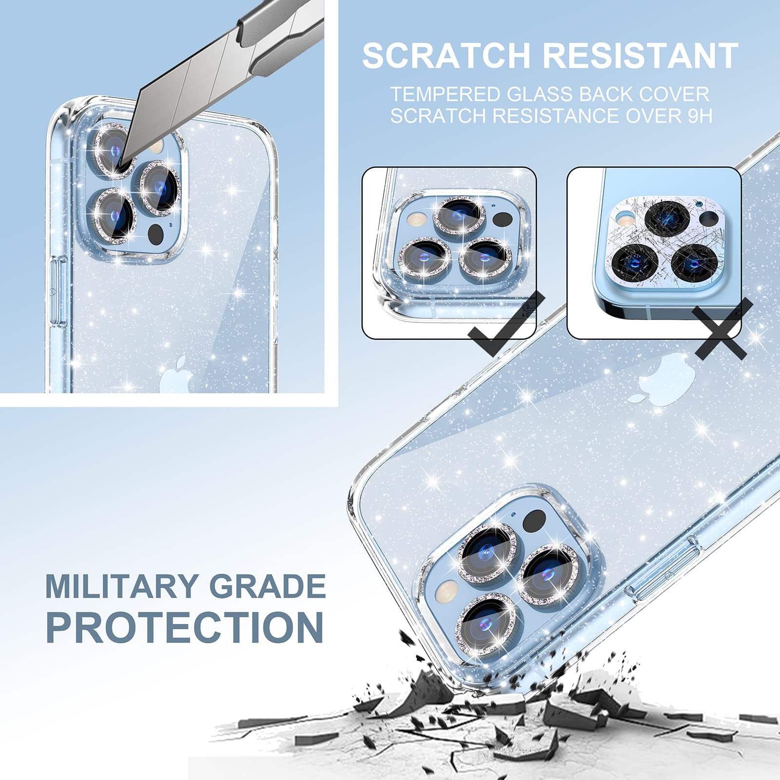 Choiche Compatible iPhone 13 Pro Max Case Cute, Women Clear Glitter Bling Sparkly Case, [3 x Diamond Camera Lens Protectors] [Non-Yellowing Shockproof Protective Cover] 6.7-inch (Glitter Clear)