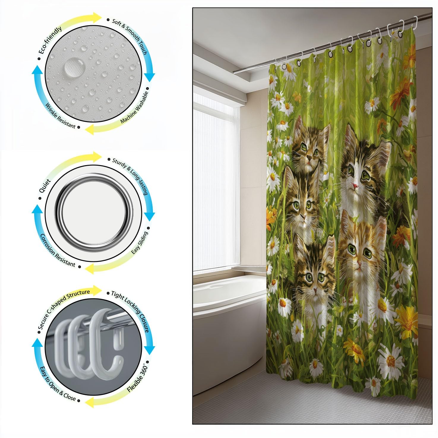 Genérico Zasłona prysznicowa 240 x 200 cm, 1 sztuka, miękka mikrofibra, wodoodporna i odporna na pleśń, zmywalna, do łazienki lub wanny, z oczkami i haczykami, zielony, wiejski kwiatowy kot