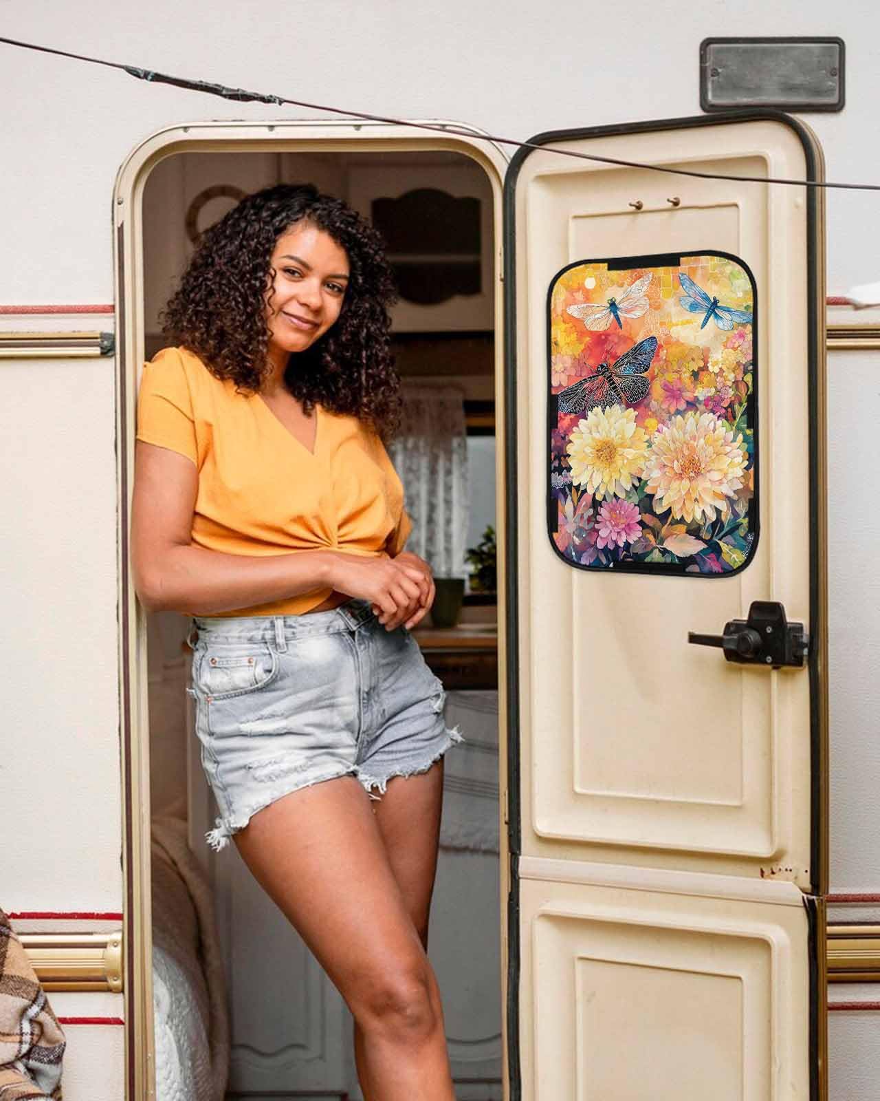 LEOKOTI RV Door Window Shade, Colorful Spring Floral Blackout RV Window Shades Foldable, Summer Botanical Dragonfly Watercolor Privacy Insulation Car Covers 16
