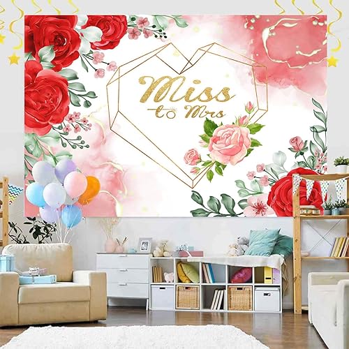Miniatura 2 de Miss to Mrs - Telón de fondo con diseño de rosas rojas, despedida de soltera, acuarela, floral, boda, fiesta, decoración de tela para fotos, fondo