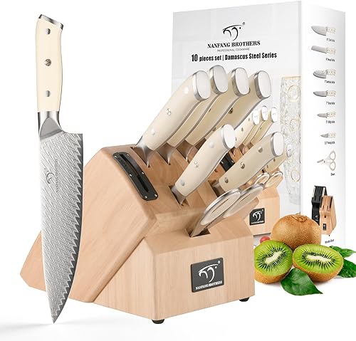 NANFANG BROTHERS Juego de cuchillos de cocina, 10 piezas de acero Damasco con bloque, juego de cuchillos profesionales VG10 con afilador de disponible en Yaxa El Salvador