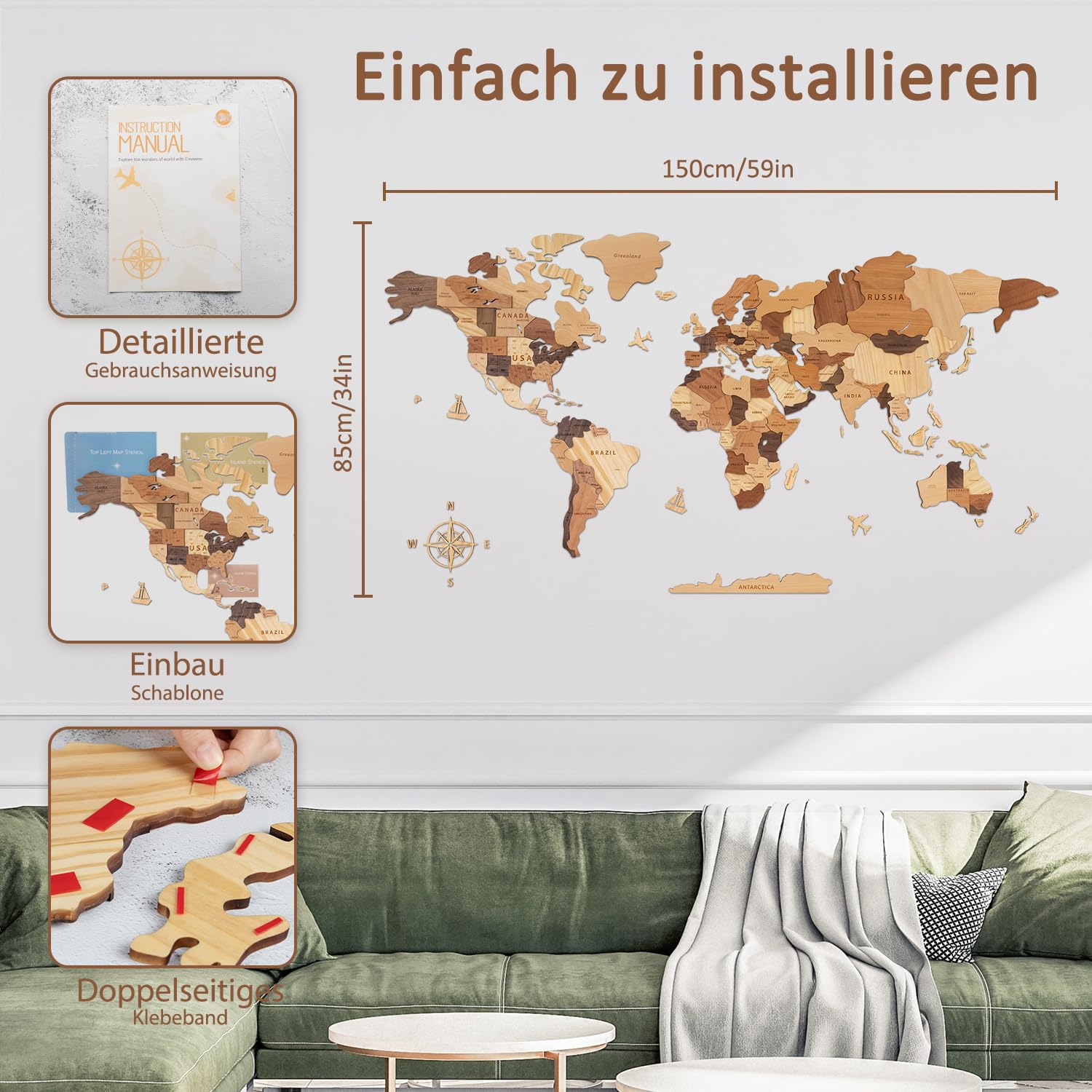 Creawoo Hölzerne 3D Weltkarte Wanddekoration, Mehrschichtige Hölzerne Karte Wandnust für Haus & Büro, Mehrfarbige Reisekarte aus Holz, Perfekt für Kreatives Geschenk-150x85cm