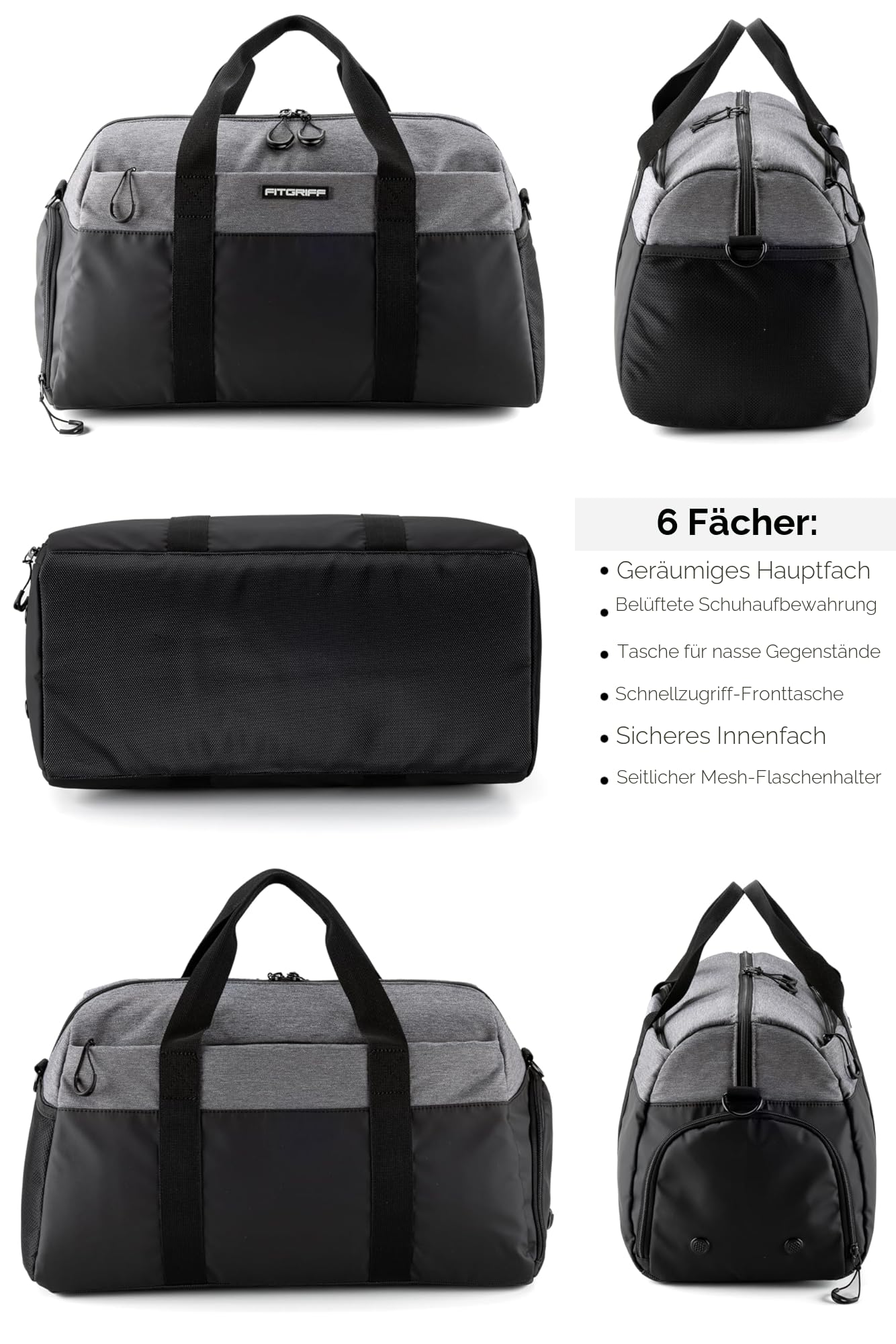 Fitgriff® Sporttasche Reisetasche V2 mit Schuhfach Nassfach Black Grey Medium