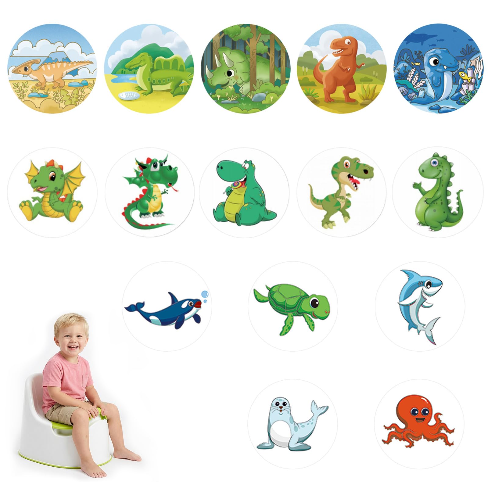 15 Pcs Potty Training Stickers Color Changing Reusable Pee Targets with Dinosaur Animal Designs for Boys Girls Toilet Training (Dinosaurs and Marine Animals, Style 1)