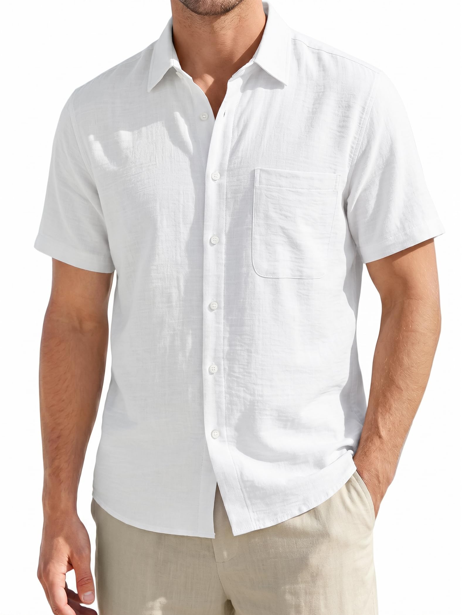 HISDERN Chemise en Lin Homme à Manches Courtes Boutonnée Chemisette Coton Coupe Droite Chemise d'été de Plage avec Poche