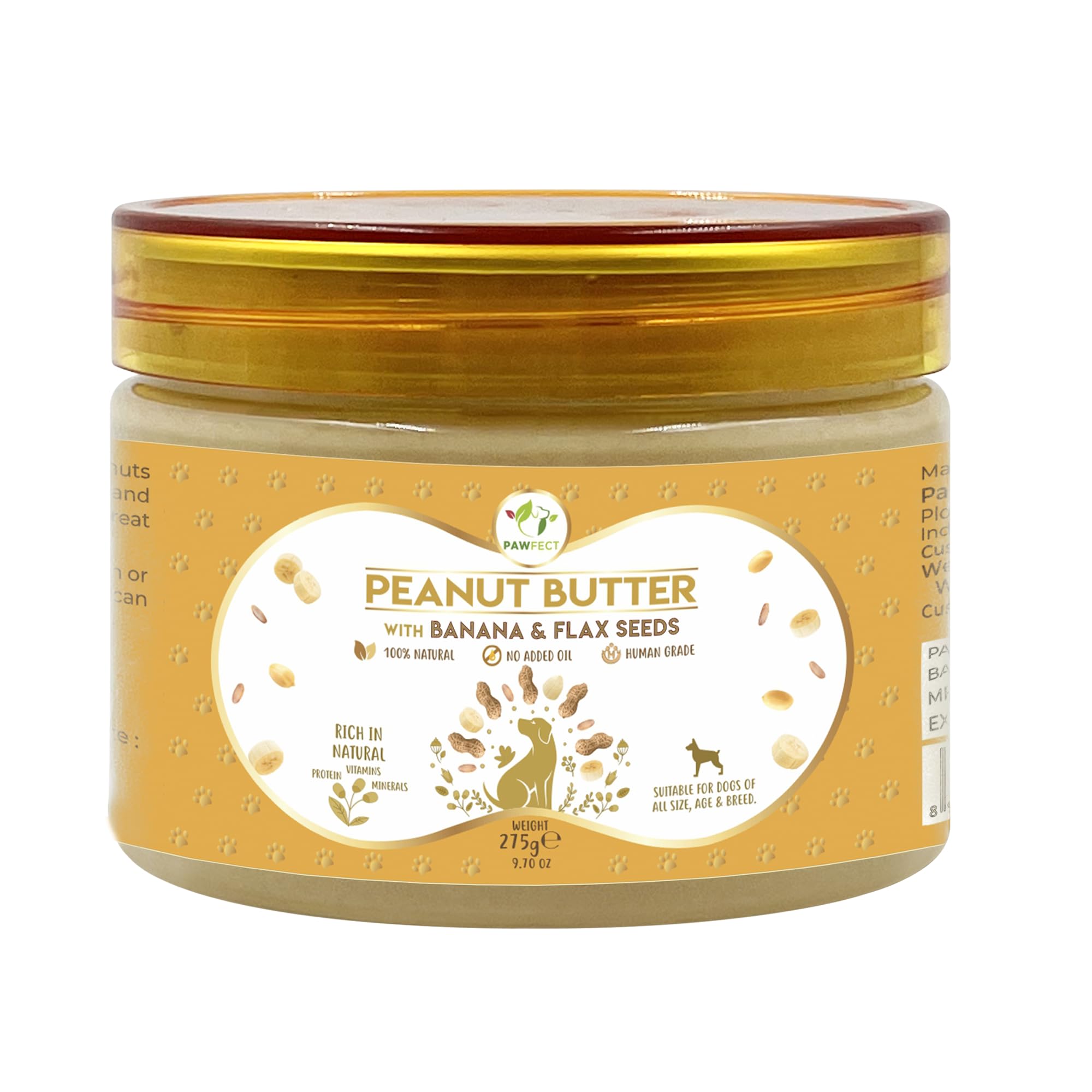 Pawfect Peanut Butter with Banana & Flaxseeds for Dogs & Puppies - 100% Natural Lickable Treat - No Added Sugar, Salt, Palm Oil - No Sweeteners, No Xylitol - Healthy Dog Treat (275g/9.70oz)