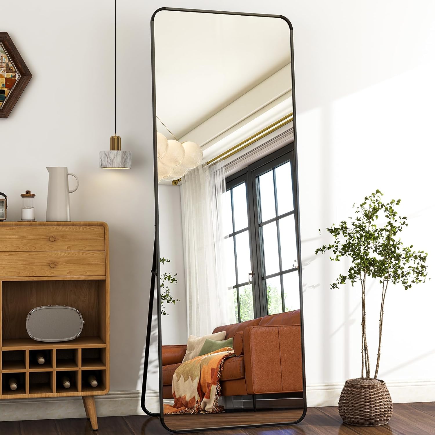 21" x64 Rounded Full Length Mirror Aluminum Frame Black Mirror Full Length Floor Mirror with Stand for Living Room Bedroom Cloakroom