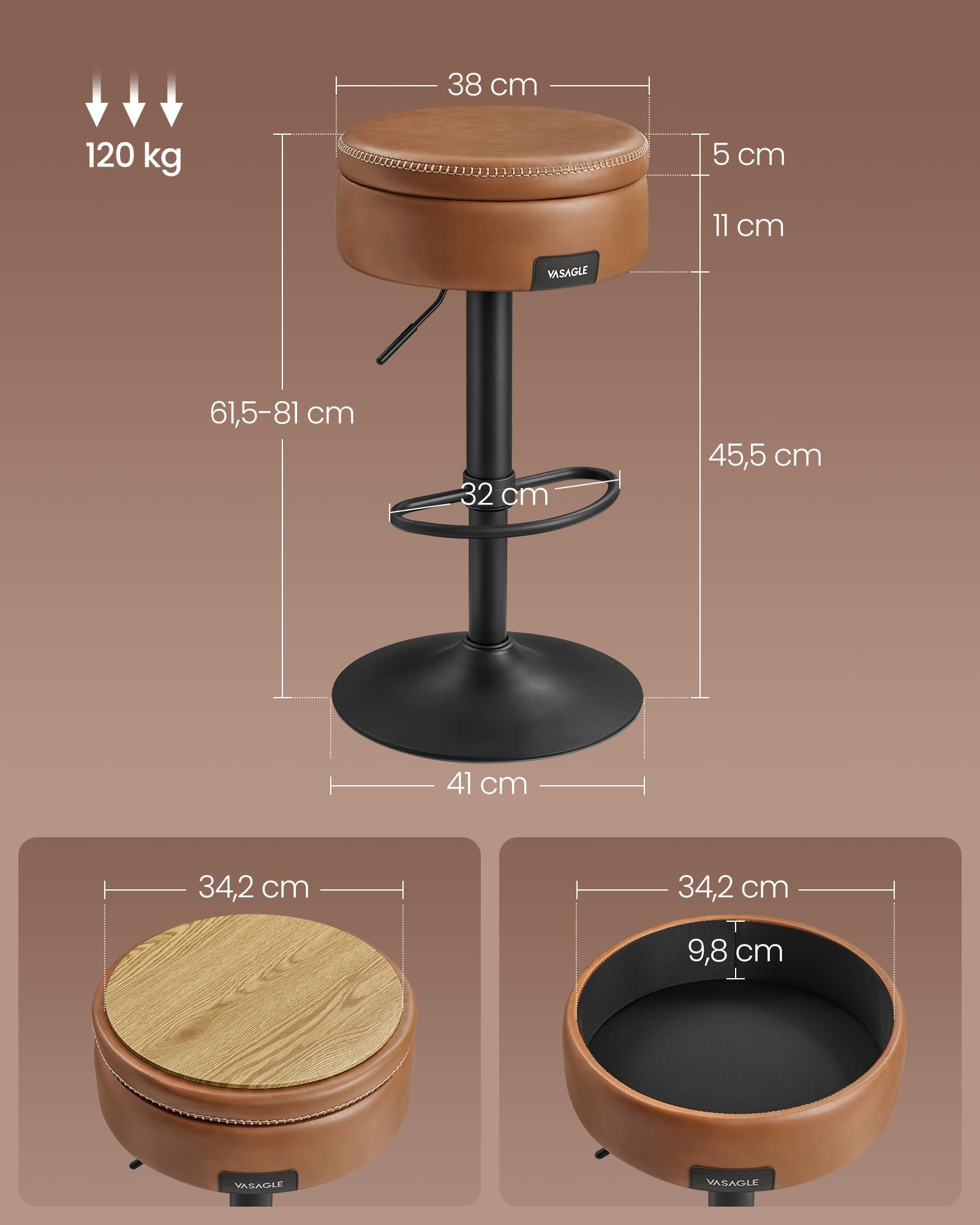 VASAGLE EKHO Collezione - Sgabello Cucina Girevole a 360°, Sgabello da Bar Regolabile in Altezza con Scomparto, Rivestimento con Cucitura, Moderno di Metà Secolo, Montaggio Facile, Marrone Caramello
