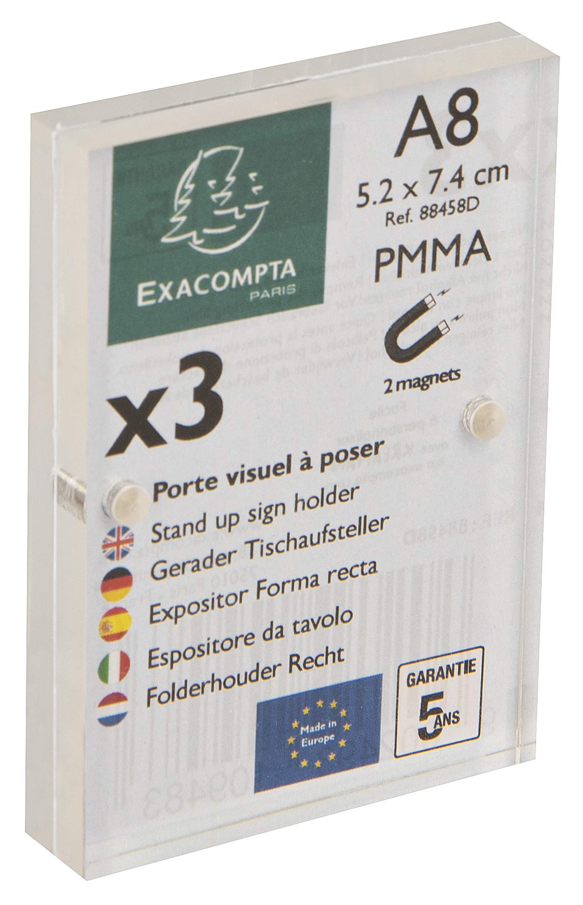 Exacompta - Ref 88458D - Soporte para carteles con cierre magnético - Adecuado para papel A8, hecho de material PMMA (acrílico), visible por ambos lados, transparente (paquete de 3)