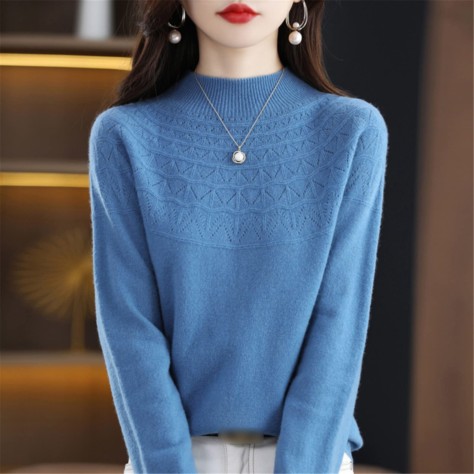 Kelsiop Otoño e invierno sin costuras de una sola línea listo para usar suéter de mujer 100% lana de cuello alto recortado suéter