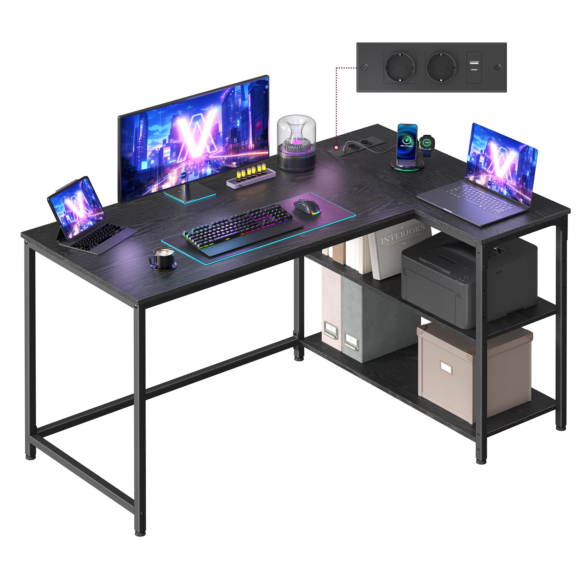 VASAGLE Eckschreibtisch in L-Form, Computertisch mit Stauraum, Bürotisch, höhenverstellbare Ablage, für Homeoffice, mit 2 AC-Steckdosen und 2 USB-Anschlüssen, 120 x 80 cm, ebenholzschwarz LWD132BE01
