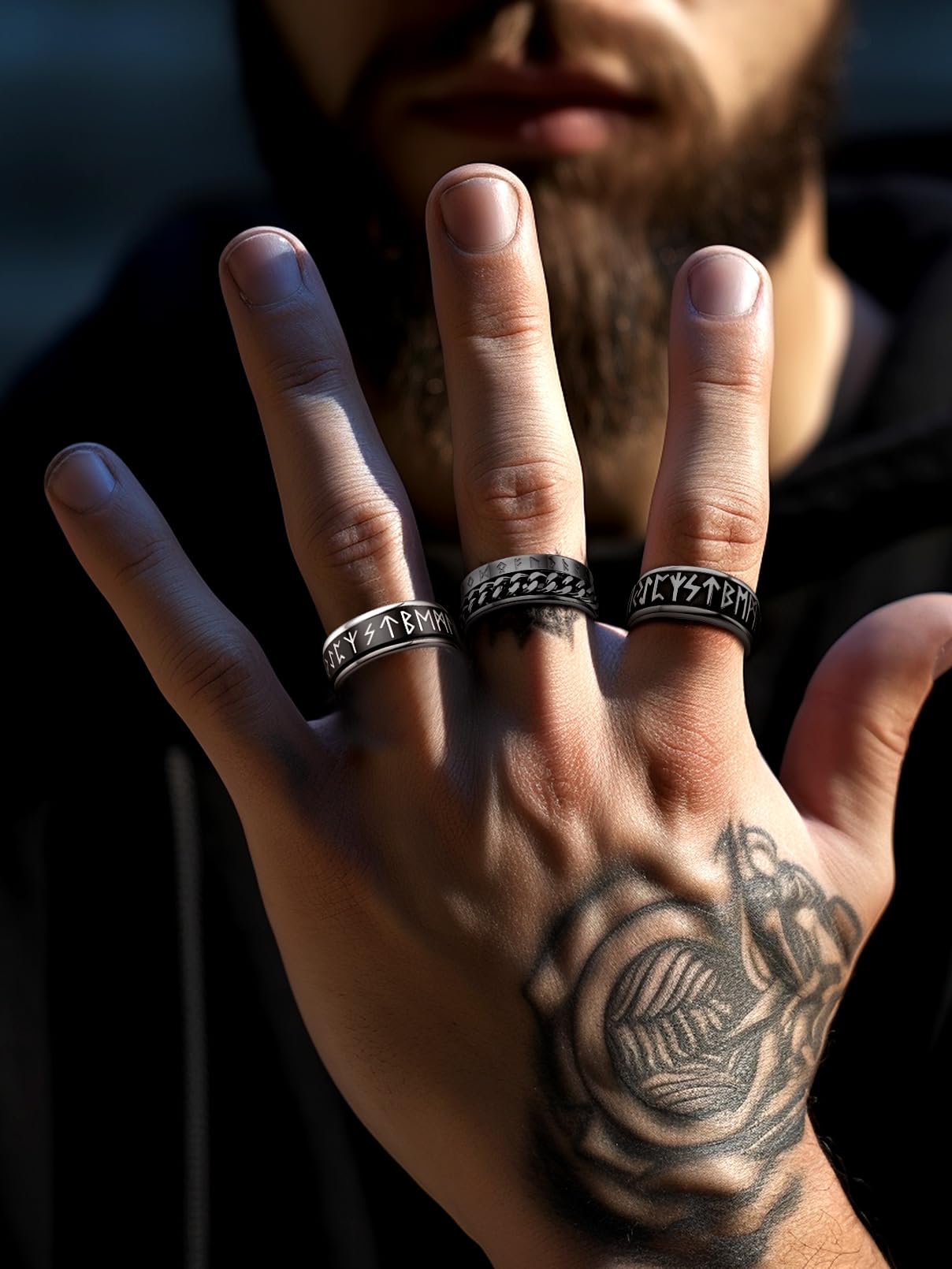 FaithHeart Anillo Vikingo Hombre Anillos Giratorio Runas Vikingas Acero Inoxidable para Hombres Novio Padre Talla 14.5-32