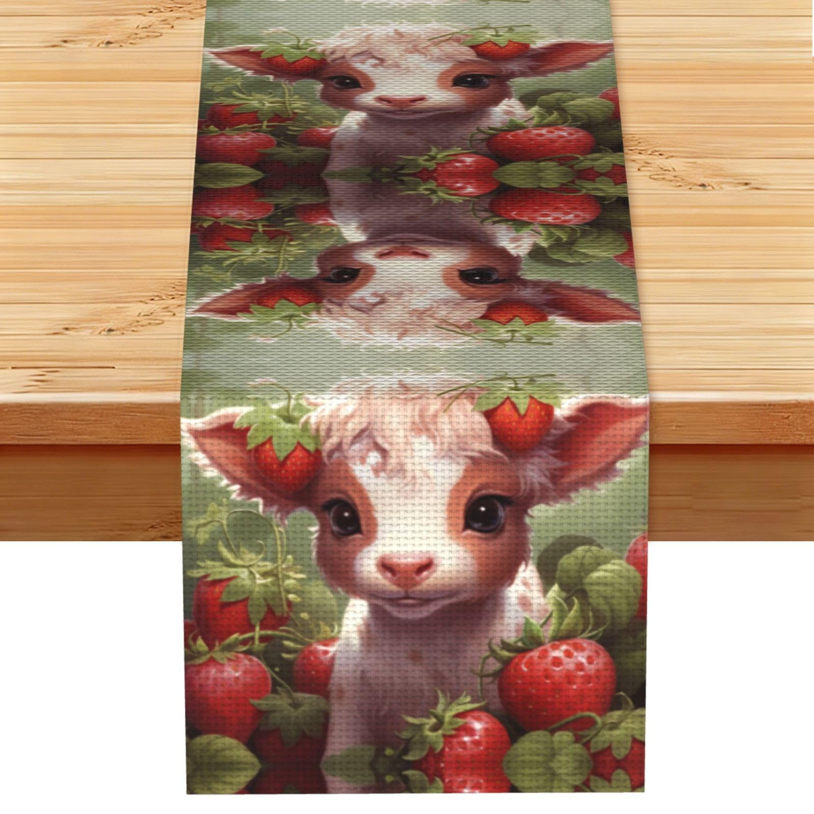 Strawberry Cow in the Forest Linen Feel Table Runner Wedding Party Home Decoration
