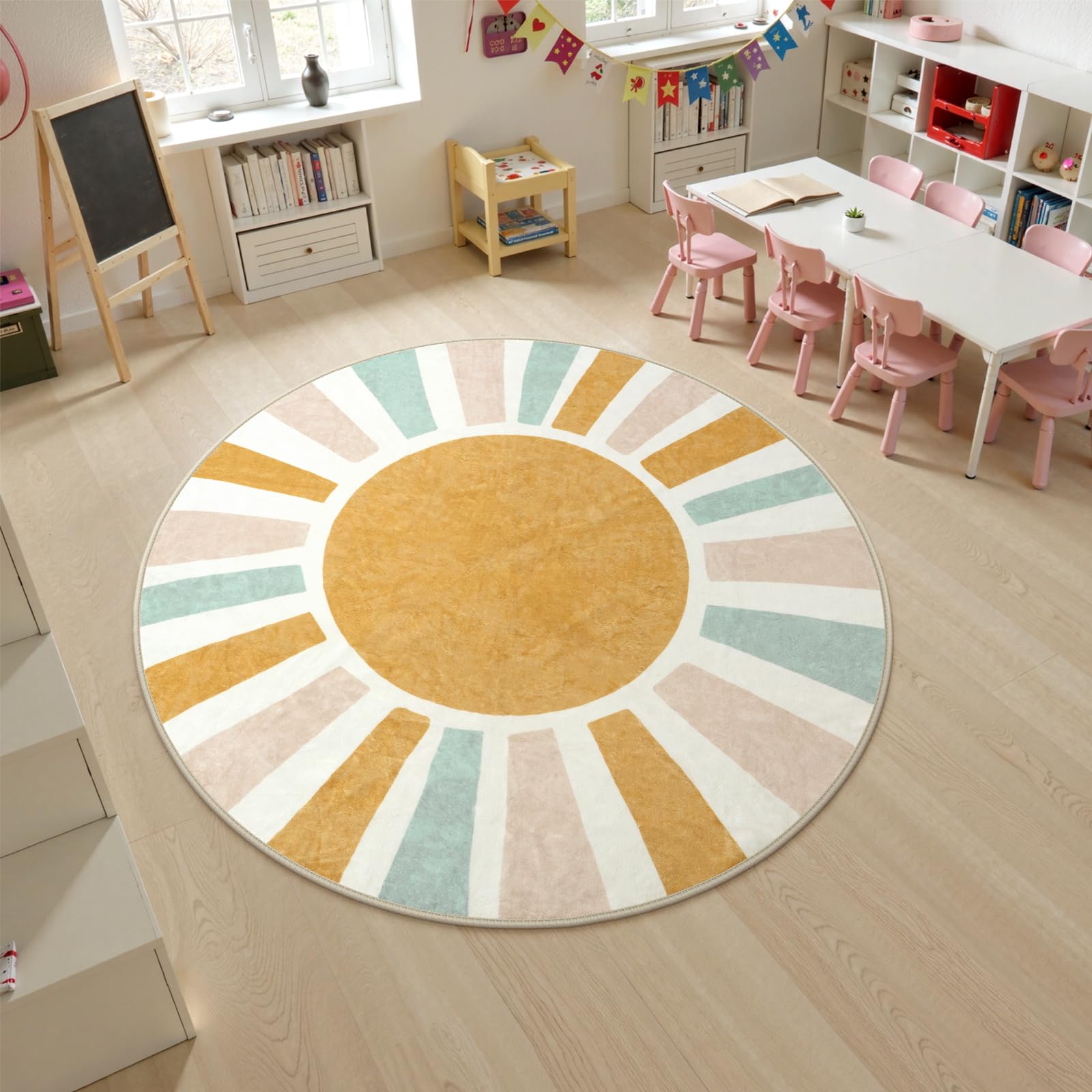 LIVEBOX Washable Boho Rug 6ft Large Round Rug for Nursery Room, Non-Slip Soft Throw Circle Rugs for Living Room, Colorful Rainbow Circular Rugs for
