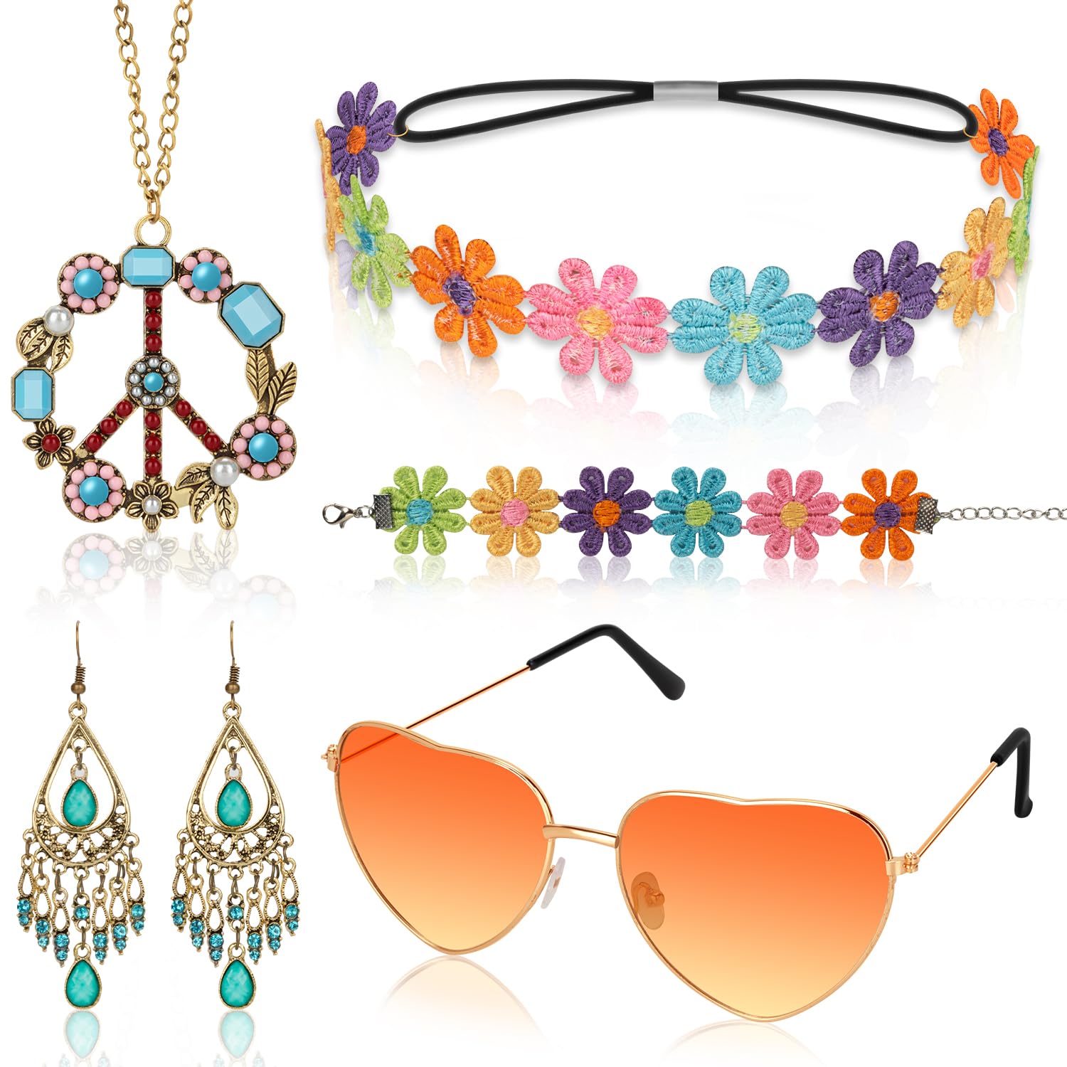 Alintor Hippie Accessoires Set, 5 Stück mit Peace Kette, Brille, Ohrringe, Stirnbänder und Armbänder für 70er Jahre Flower Power Kostüm, Hippie Kostüm Damen