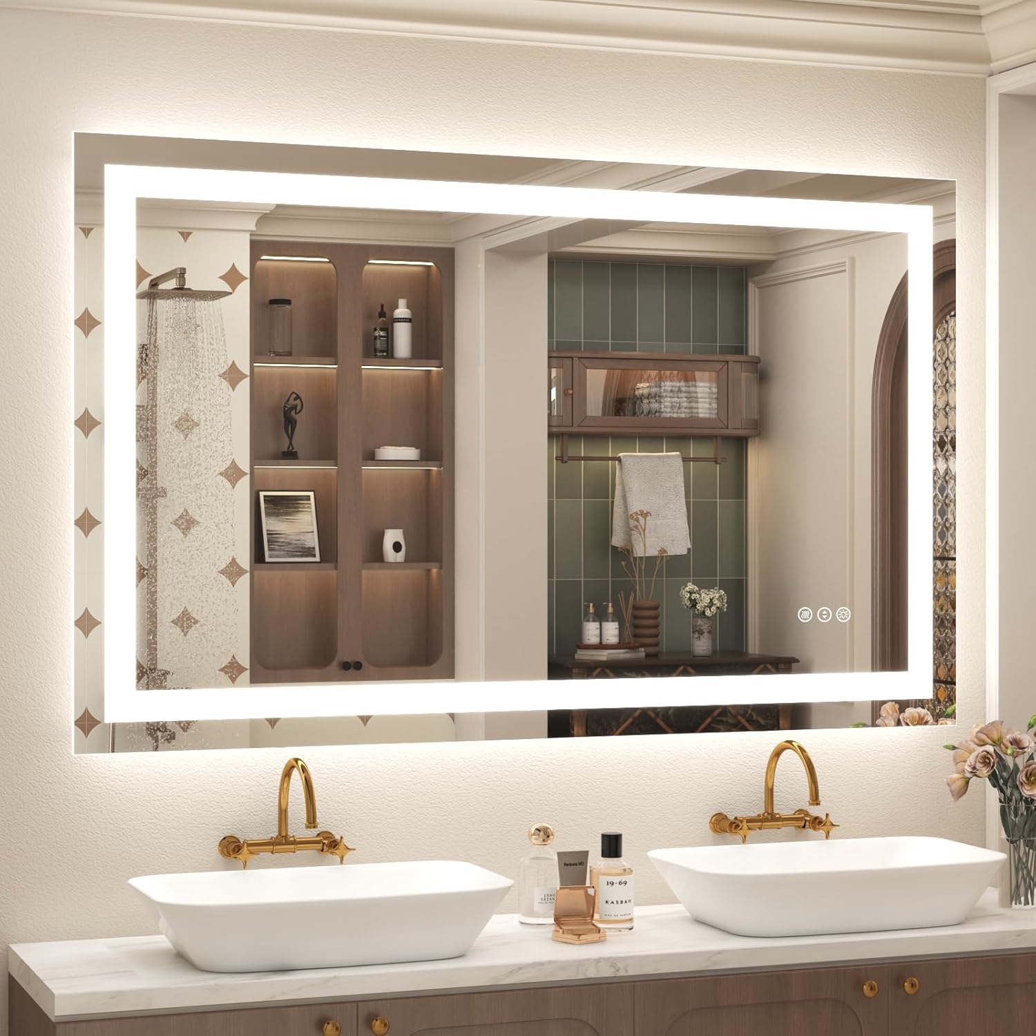 48x 30 led lighted bathroom mirror, vanity mirror with lights for wall, dimmable, defogger, shatter-proof, 3 colors, etl listed (front + backlit) 48"l x 30"w