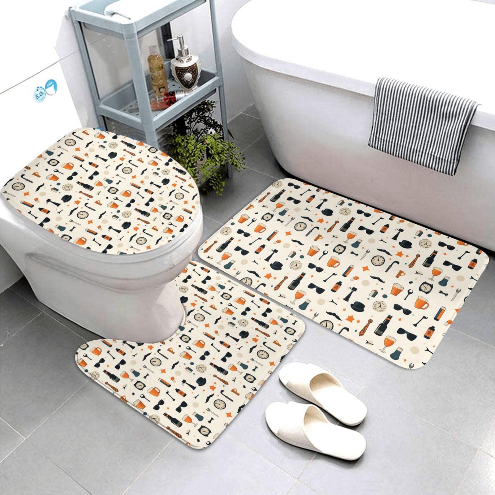 Tapis de salle de bain lot de 3 avec motif horloge et bière comprenant contour WC en U
