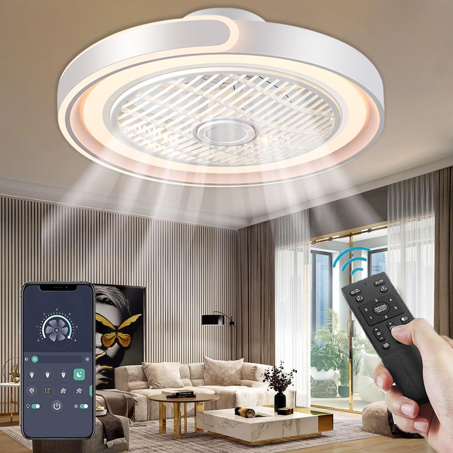 Deckenventilator mit Beleuchtung und Fernbedienung – 70W/7000lm dimmbare LED, 6 Geschwindigkeitsstufen + Timer, App-Steuerung, 35dB leise für Wohnzimmer/Schlafzimmer/Esszimmer