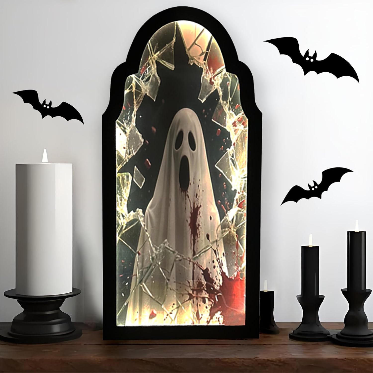 2025 Halloween Ghost Mirror 20 * 9.5IN Black Wavy Vanity Mirror Large Haunted Mirror for Wall Decor Spooky Wooden Ghost Hologram Decoration Lighted Halloween Decorations Indoor