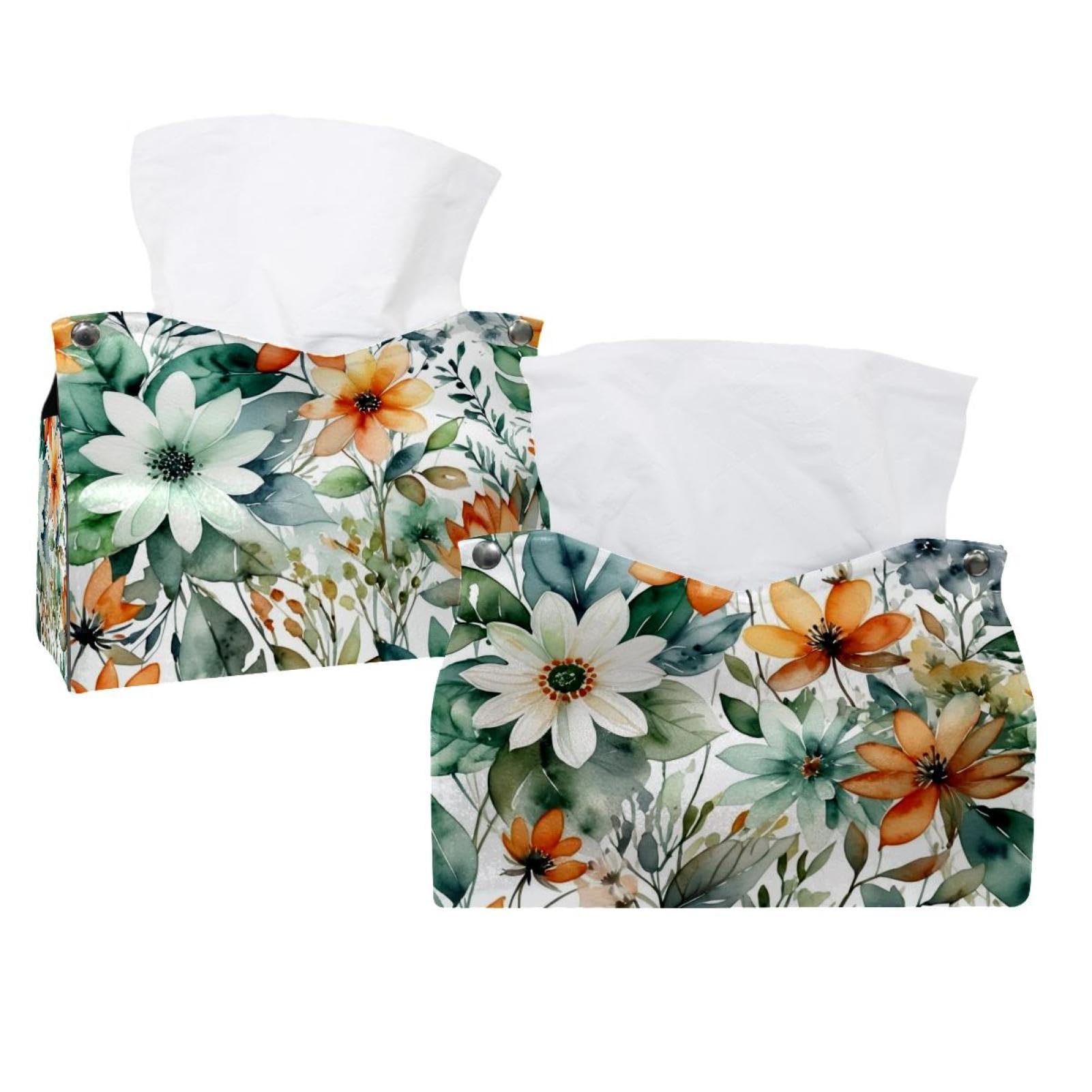 Housse de boîte à mouchoirs en lot de 2 avec motifs de fleurs et feuilles vertes pour salon