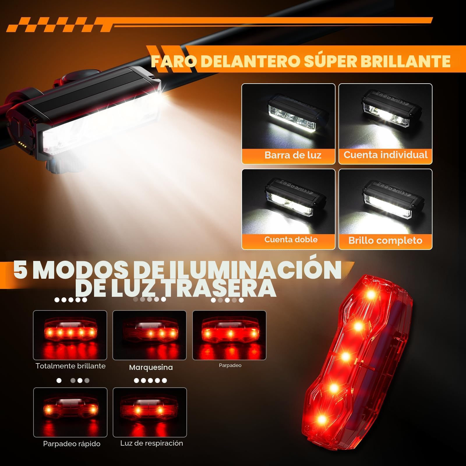 IPSXP Bicicleta Front and Rear Lights, High Lúmenes Luz Bicicleta, USB Recargable Luces Bicicleta Delantera y Trasera, Ultraligera de Aluminio Luz Trasera Bicicleta Potente LED, IPX5 Luz Bici