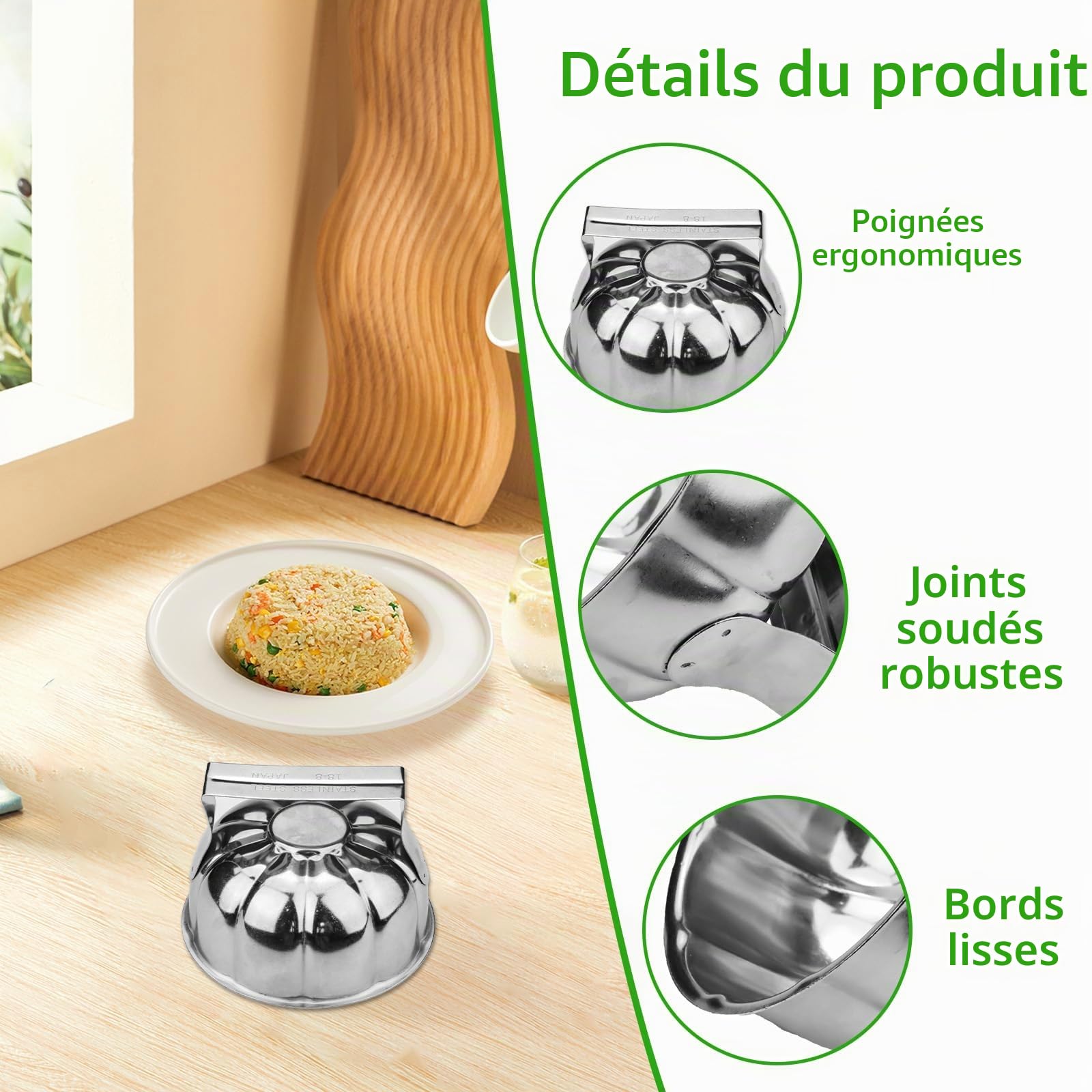 Lot de 2 moules à riz en acier inoxydable en forme de pétale de fleur, moule à riz pour la cuisine japonaise, décoration de vaisselle, accessoires de cuisine, outils de chef (argent)