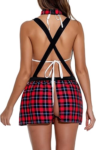 Miniatura 5 de SOMTHRON Disfraz sexy de colegiala para mujer, conjunto de lencería con corbata y minifalda a cuadros, talla grande