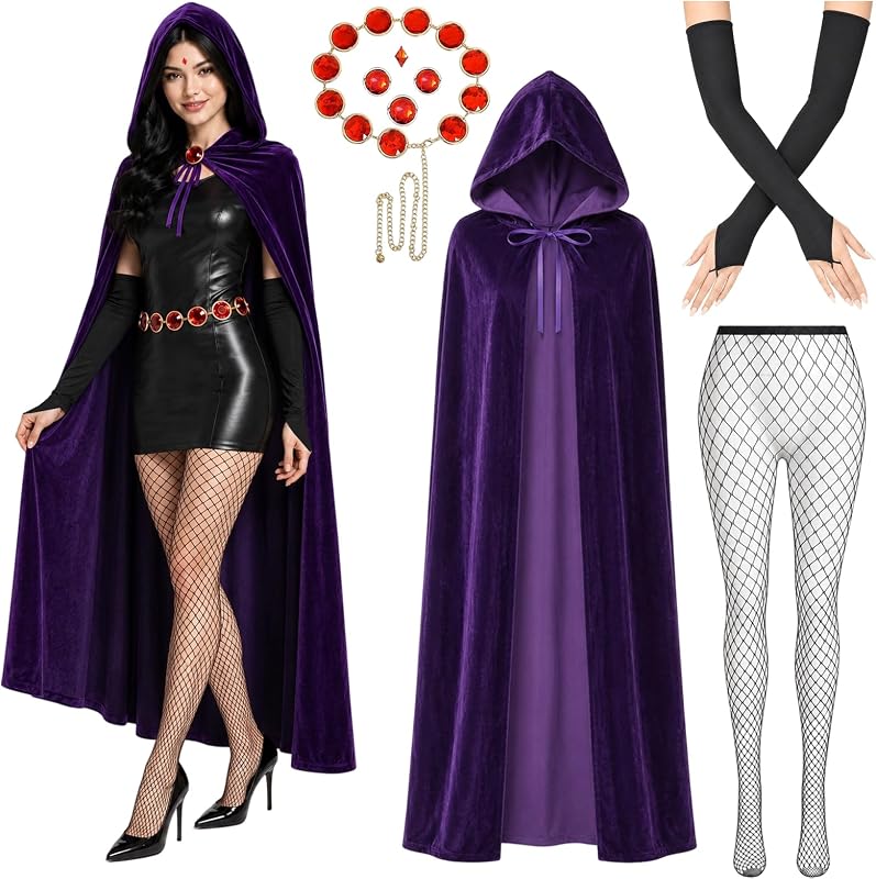 Anime Cosplay Costume Women Purple Velvet Hooded Cloak Waist Belt Gloves Fishnet Stockings Halloween Cosplay Outfit