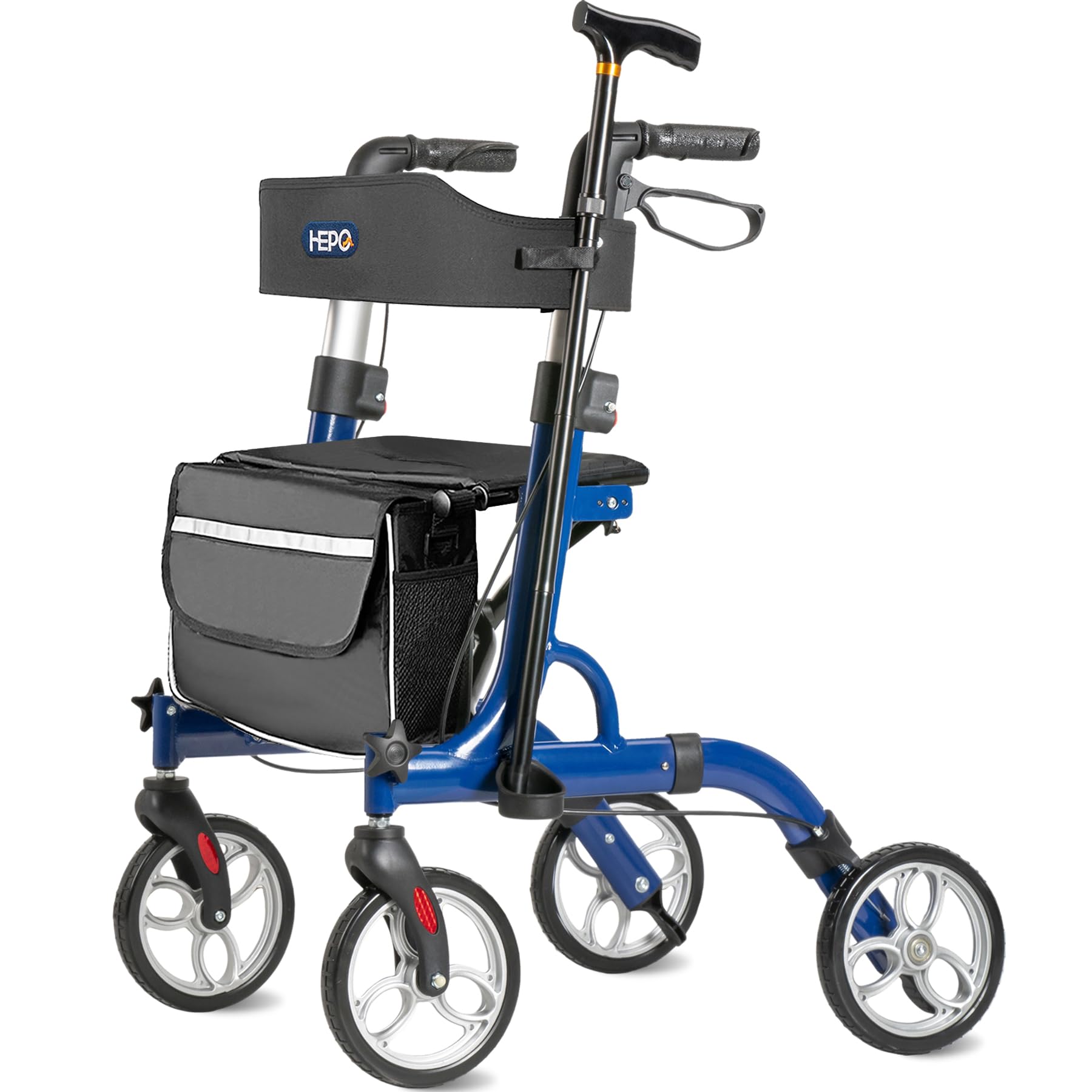Walkers for Seniors with Foldable Cane and Cane Holder, Height Adjustment Rollator Walker with Padded Seat and Brake, Lightweight Folding 4X 8 inch Wheels Rolling Walker, Blue