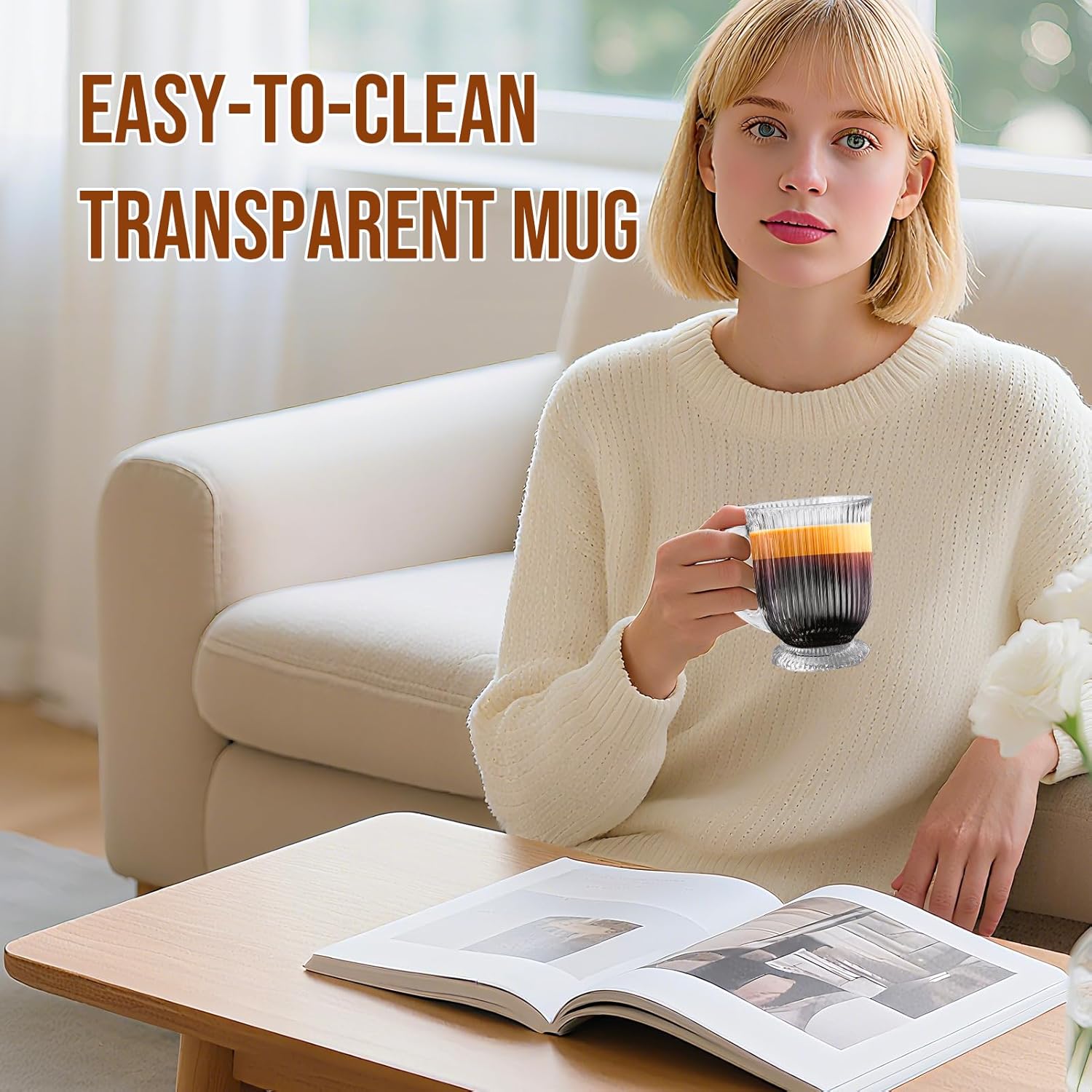 Large Ribbed Glass Coffee Mugs Set of 4,16 Oz Clear Espresso Mugs with Spoon, Glass Tea Cups with Handle Diner Latte Cup with Footed Base for Hot Beverages,Cappuccino Cups, Stylish Drinkware - Image 9