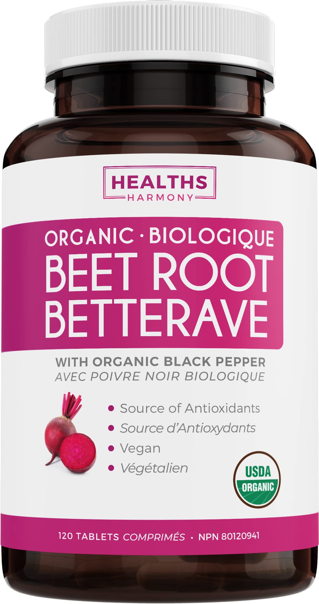 USDA Organic Beet Root Powder (120 Tablets) 1350mg Beets Per Serving with Black Pepper for Extra Absorption - Source of Antioxidants - Vegan - No Capsules