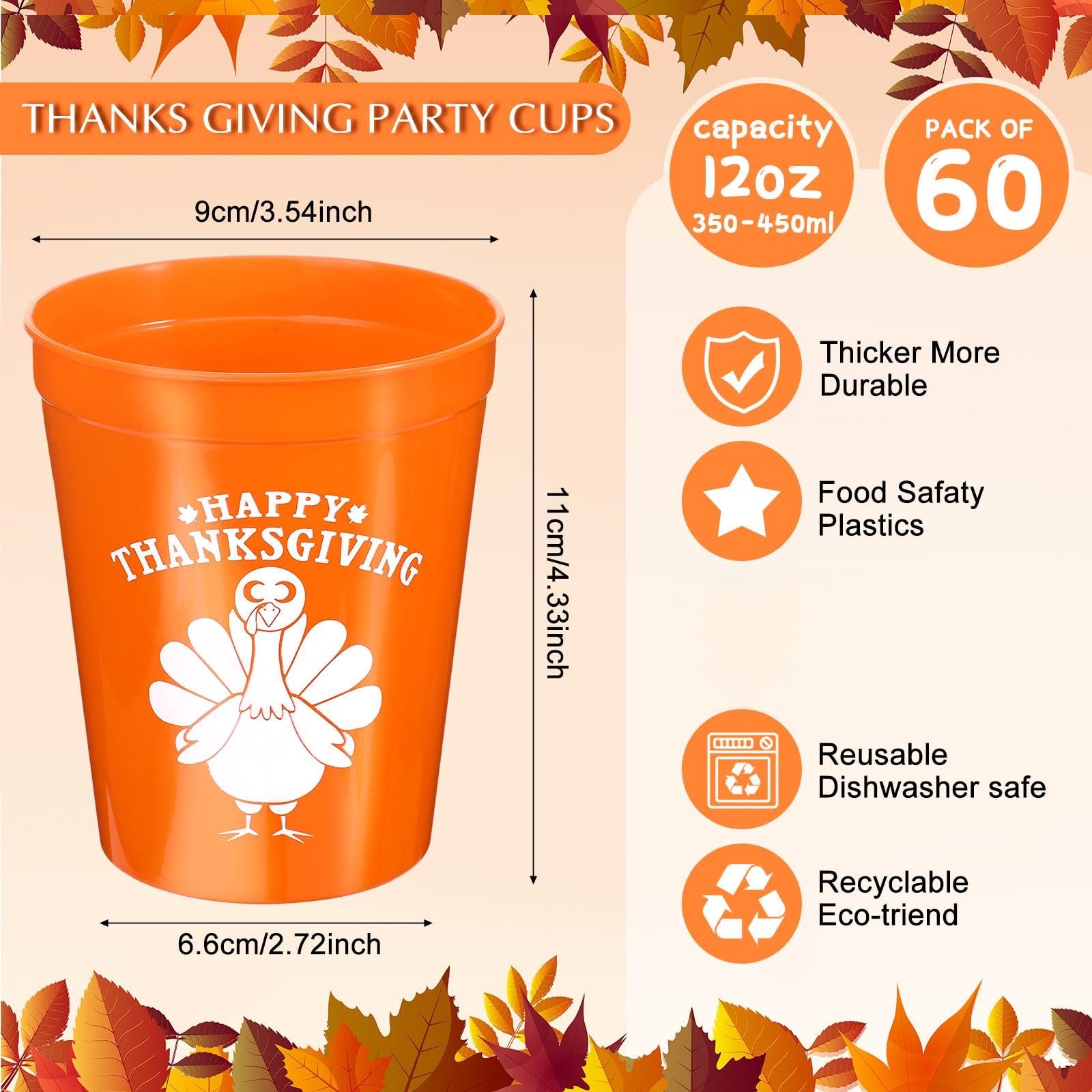 Tioncy 60 Stück Thanksgiving-Partybecher, orange-weiß, Kaffee, Truthahn, Kunststoff, wiederverwendbar, 340 ml, Becher für Thanksgiving, Abendessen, Geburtstag, Party, Zubehör, Trinkgeschirr, Bier,