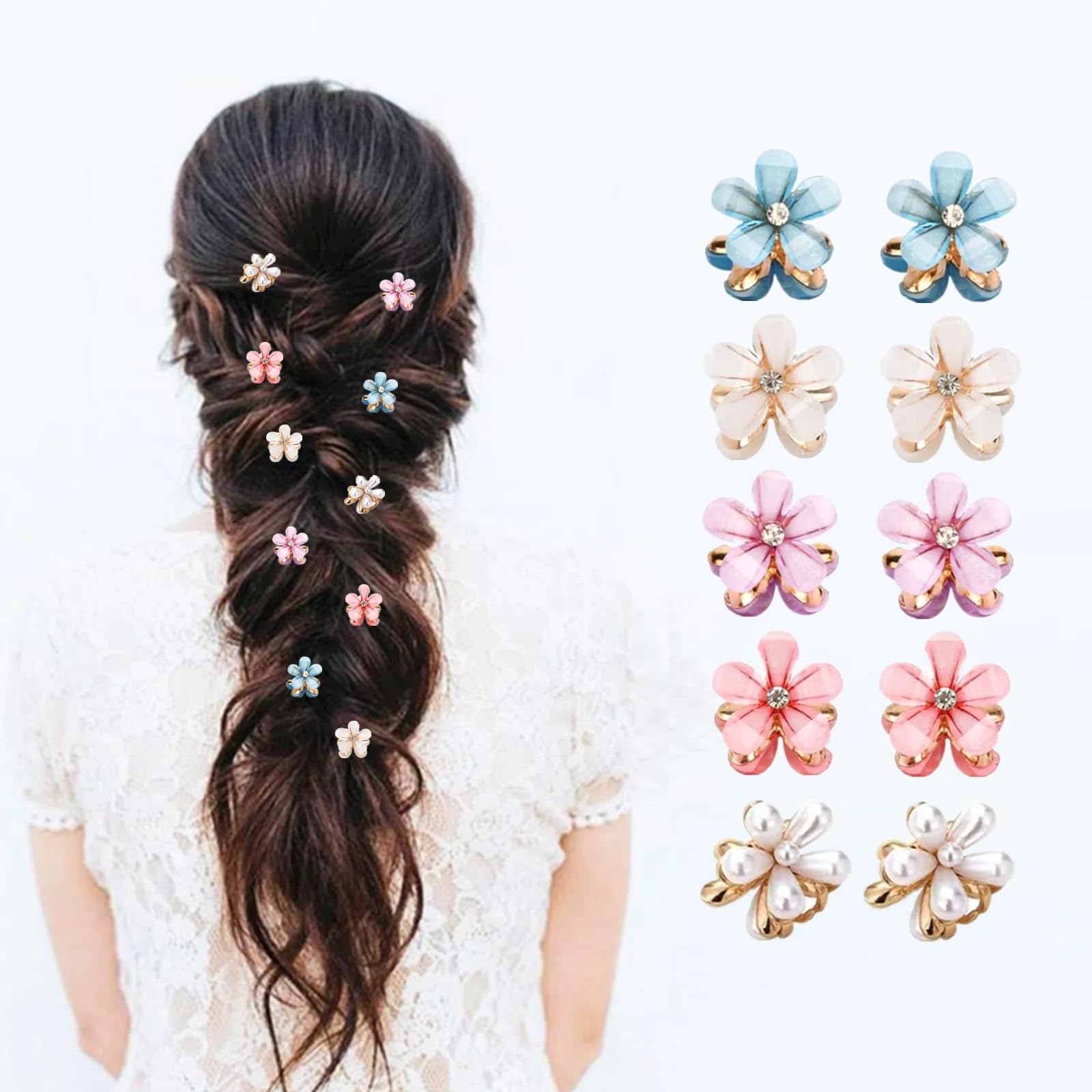 10 Pcs Mini Cute Flower-Shaped Hair Clips for Girls, Multicolor Crystal Hair Barrettes for Long Braid Hairstyles, Pearl Hairpin for Women Hair Accessories (10 Pcs- Mix Color)
