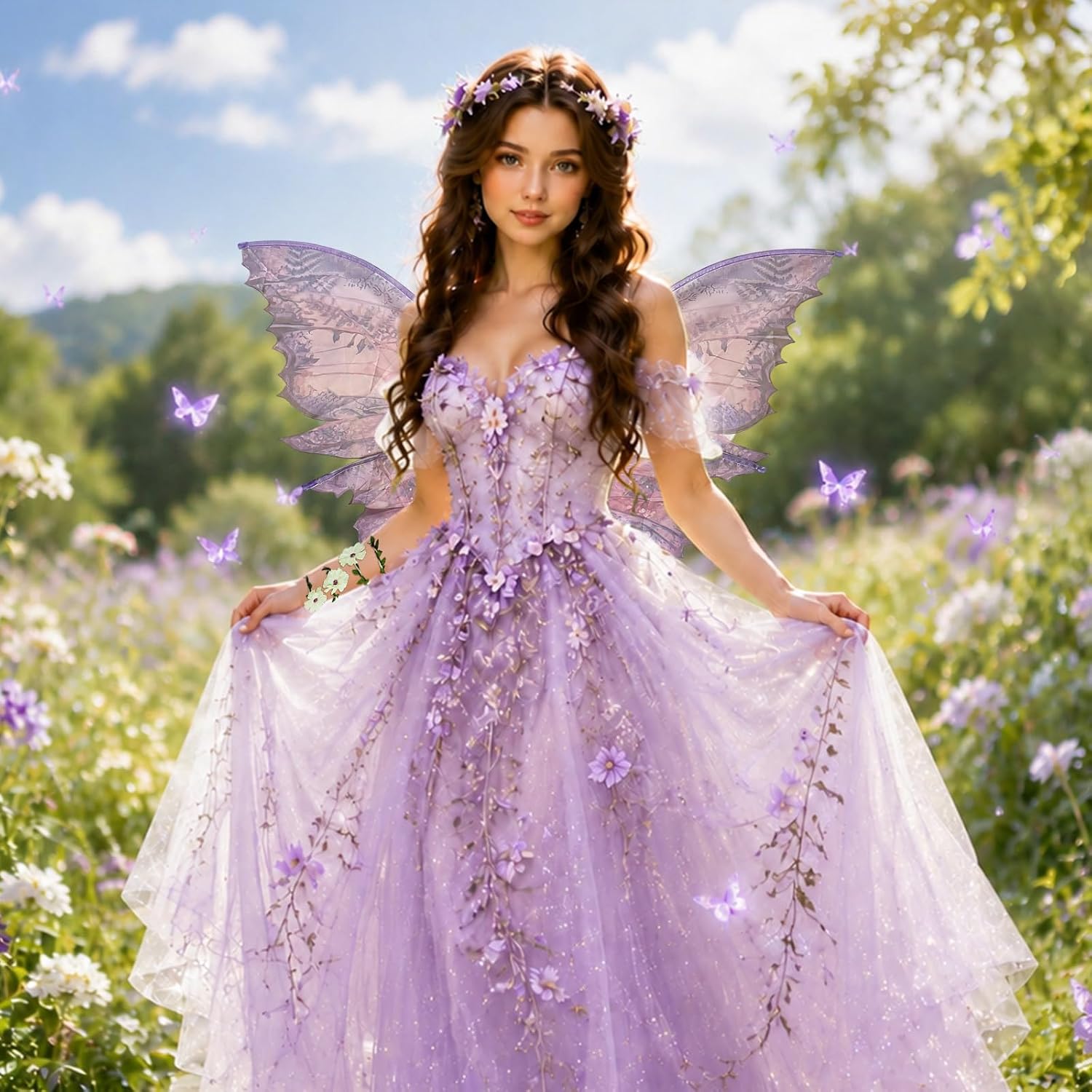 Fairy Wings for Adults Women Fairy Costume with Elf Ears and Fairy Flower Arm Wrap for Halloween,Cosplay image 3
