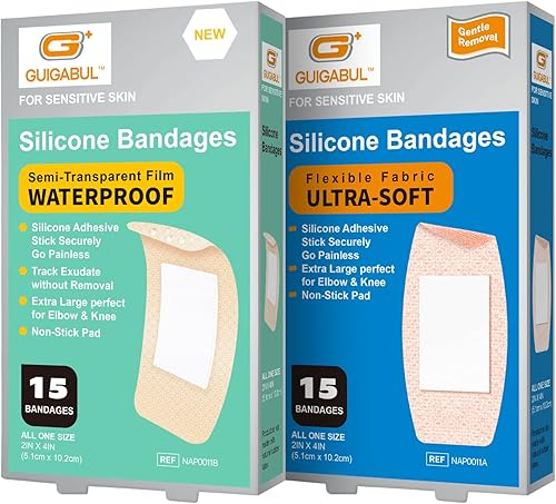 Silicone Adhesive Bandages for Elderly Sensitive Skin - Painless Removal 2''x4'' Extra Large 30 Counts Waterproof Bandaids and Flexible Fabric Band
