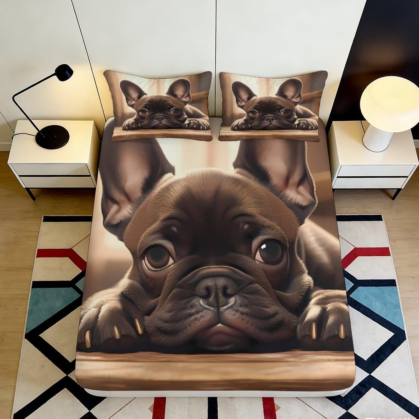 3D Printed French Bulldog Fitted Sheet Microfiber Soft Breathable Puppy Bed Cover for Bedroom Dorm Mattress Protection Decor 90x200x25cm