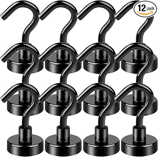 LOVIMAG Black Magnetic Hooks, 30Lbs Strong Magnetic Hooks Heavy Duty with Epoxy Coating for Refrigerator, Magnetic Cruise Hooks for Hanging, Classroom, Office, and Kitchen - Pack of 12