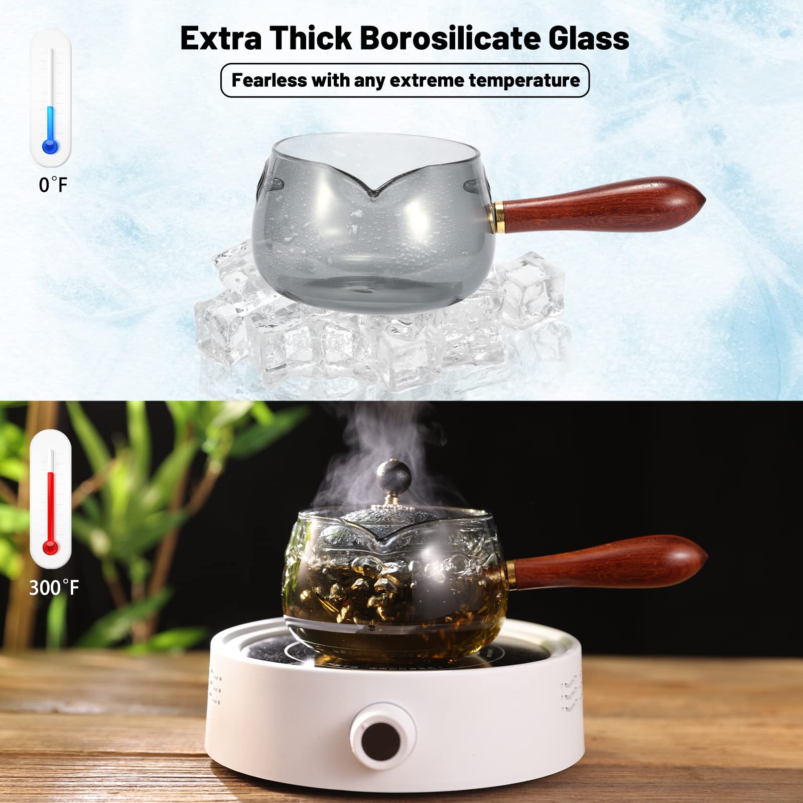 LURRIER Glass Teapot with Infuser, Portable Teapot Set with 360 Rotation Tea maker with Cups, Clear Tea Kettle with Wooden Handle, Blooming and Loose Leaf Tea Maker for Camping(Grey Teapot+Cups)